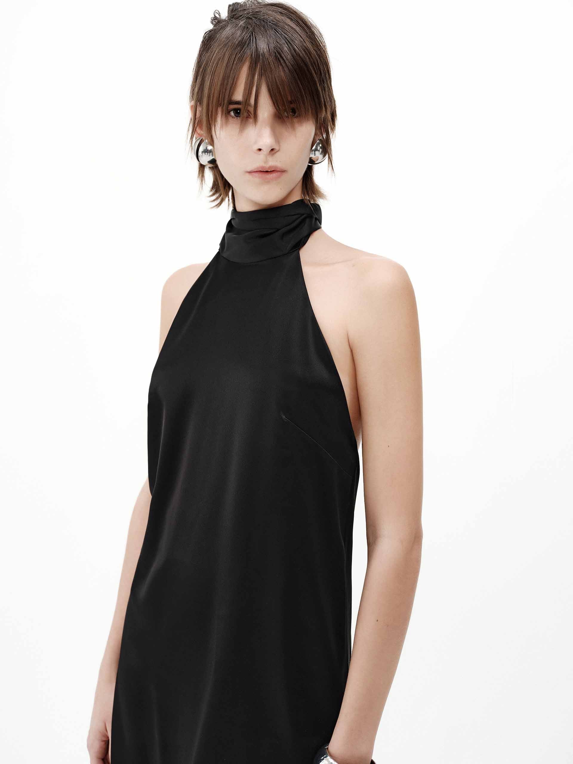halterneck short dress EsEiCo Women's Solid Satin Halter Neck A-line Mini Sleeveless Backless Flared A-Line Dresses for Women Black, X-Small : Clothing, Shoes & Jewelry streamlined design ideal for versatile styling Command attention in this striking mini dress that combines contemporary design with flattering form Plunge Halterneck Open Back Flippy