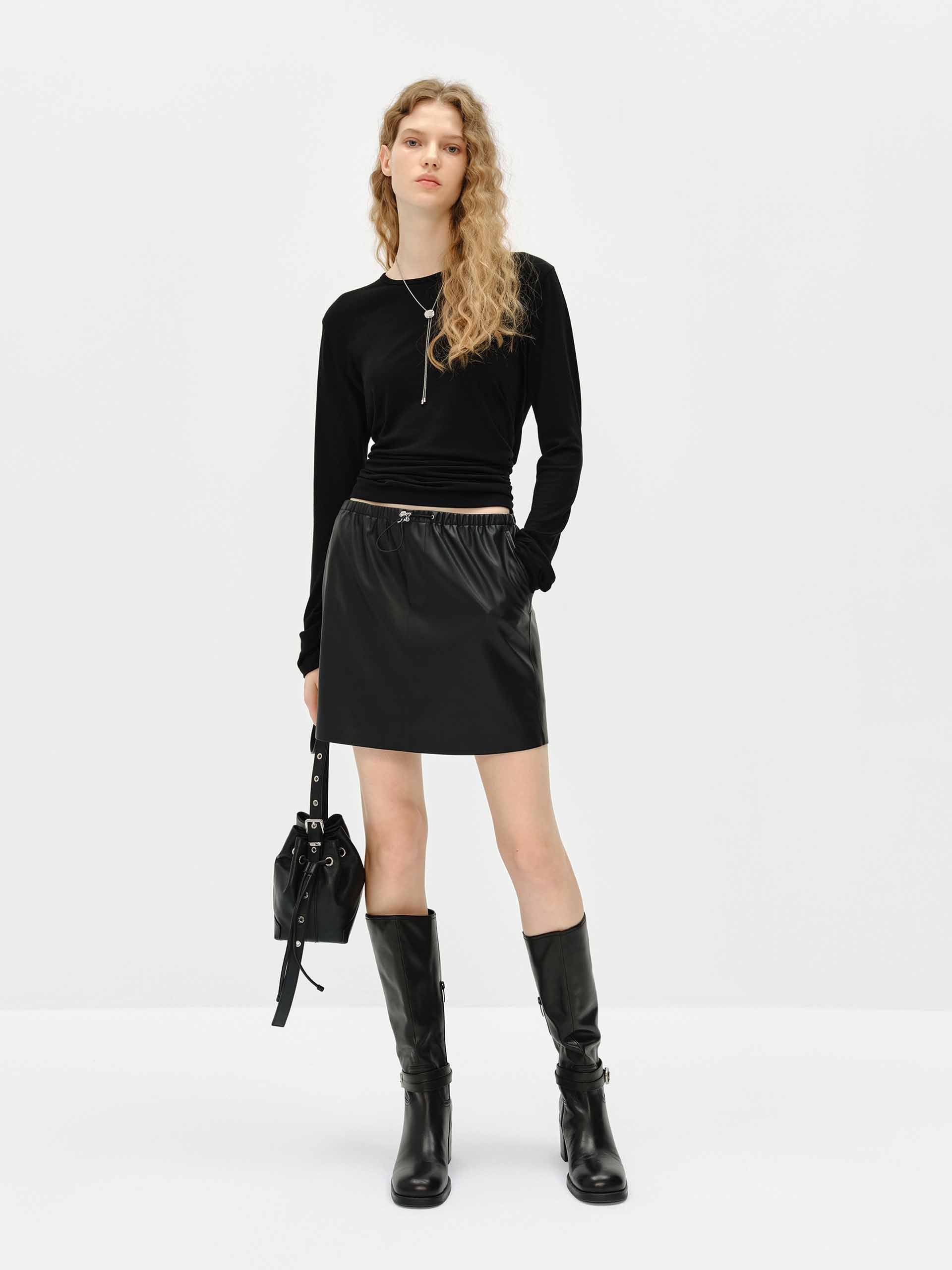 MO&Co. Women's Elastic Waist Leather Skirt