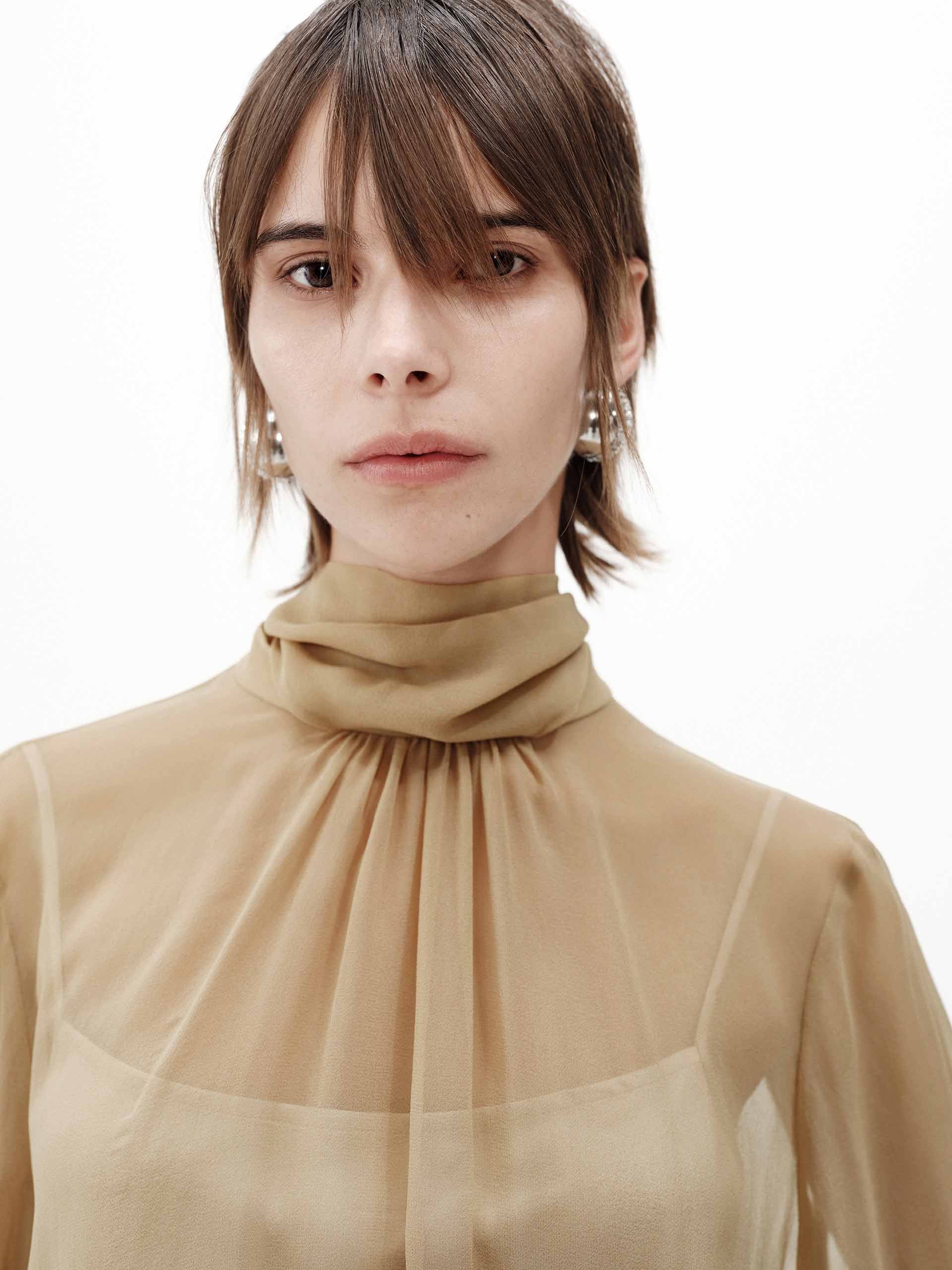 MO&Co. Women's Silk Sheer Tie Blouse
