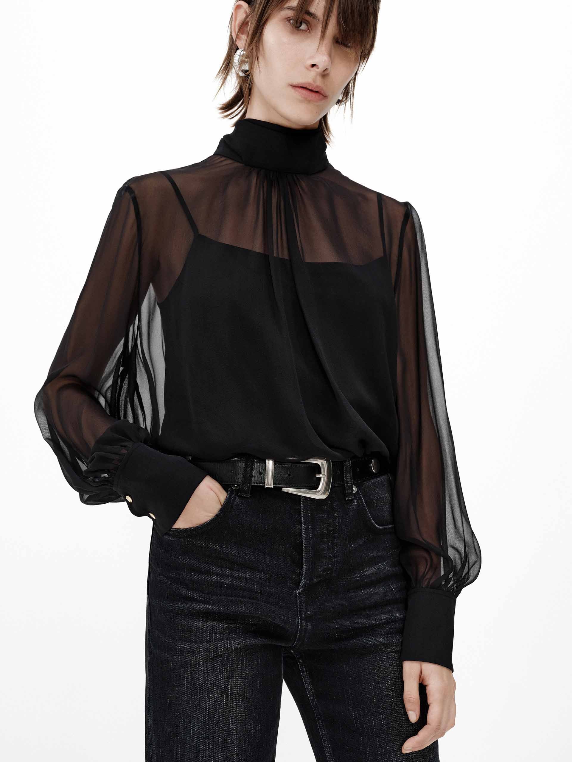 MO&Co. Women's Silk Sheer Tie Blouse