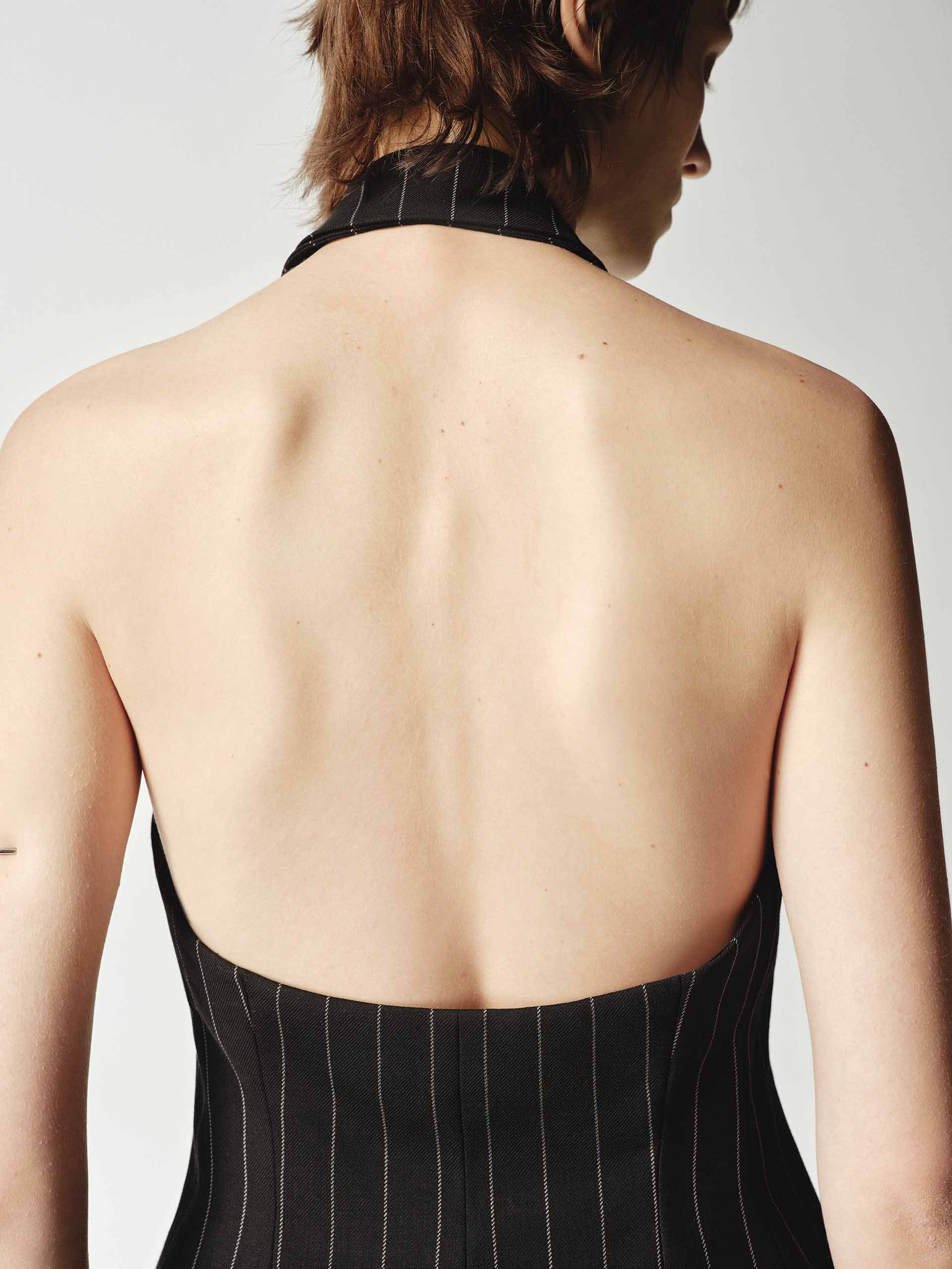 backless wool dress blue backless dress Wool-blend check-knit open-back dress -parroquiadesanalbertomagno.com