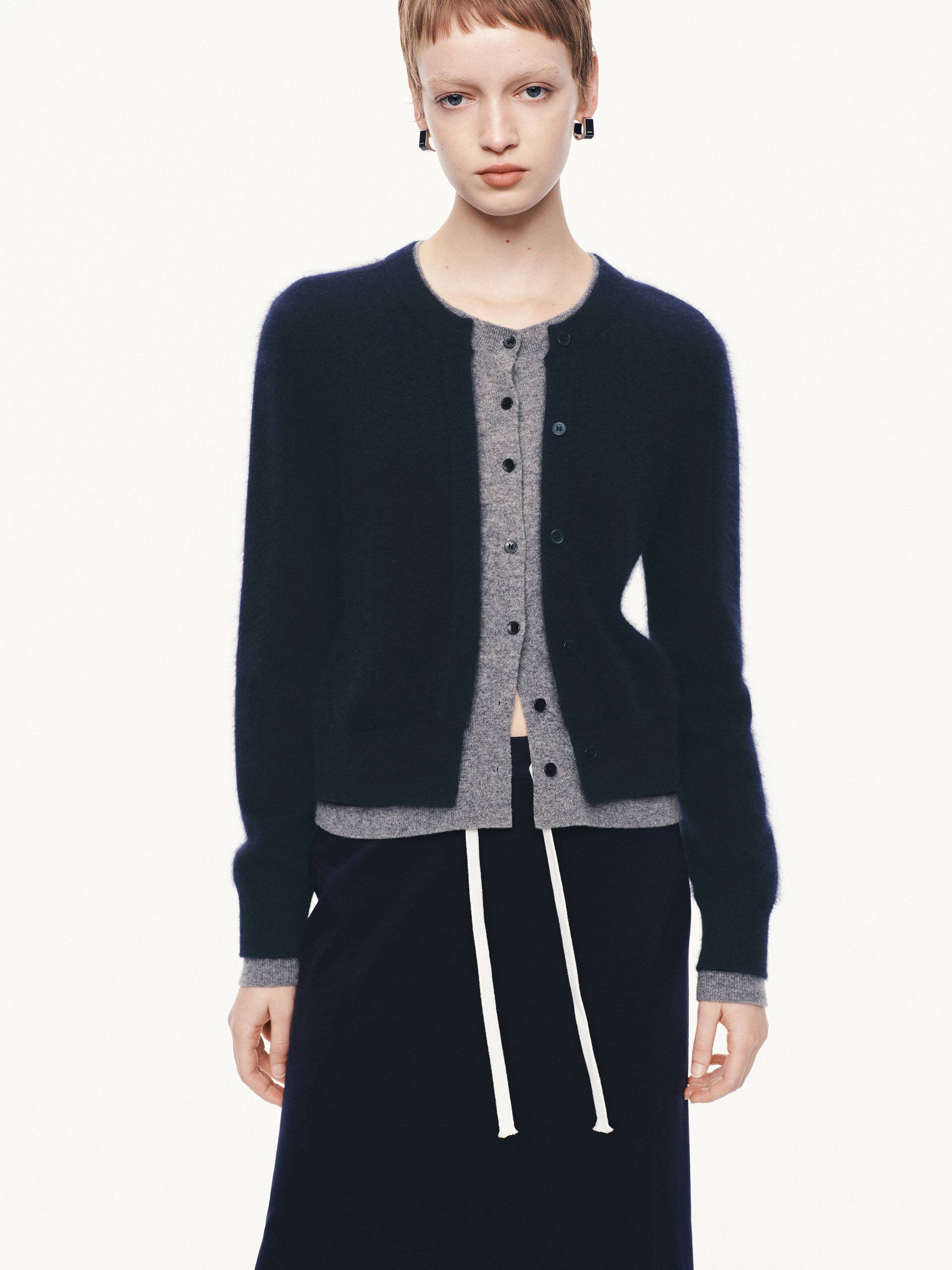 MO&Co. Women's Layered Round Neck Cardigan in Navy