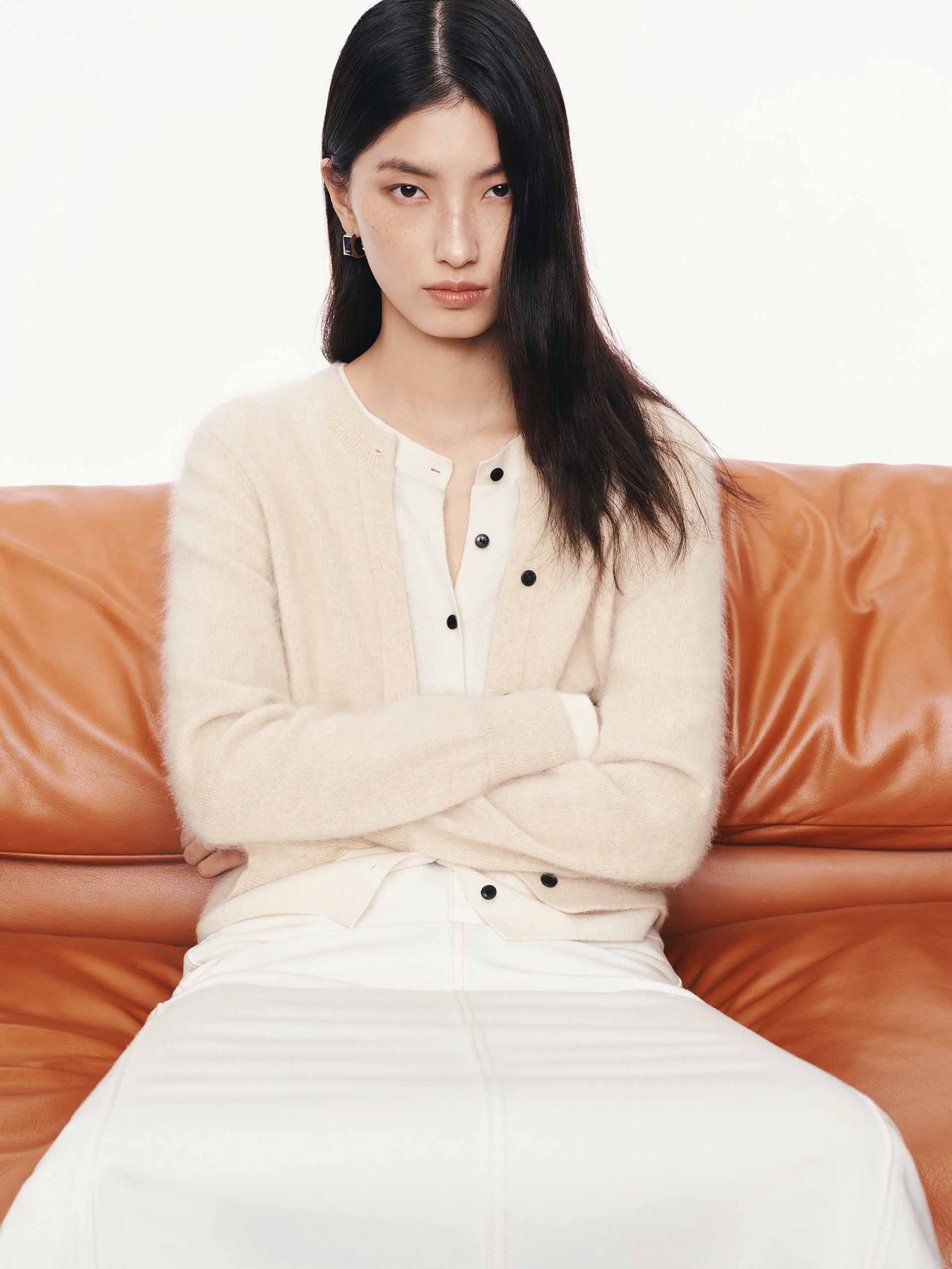 MO&Co. Women's Layered Round Neck Cardigan in Beige