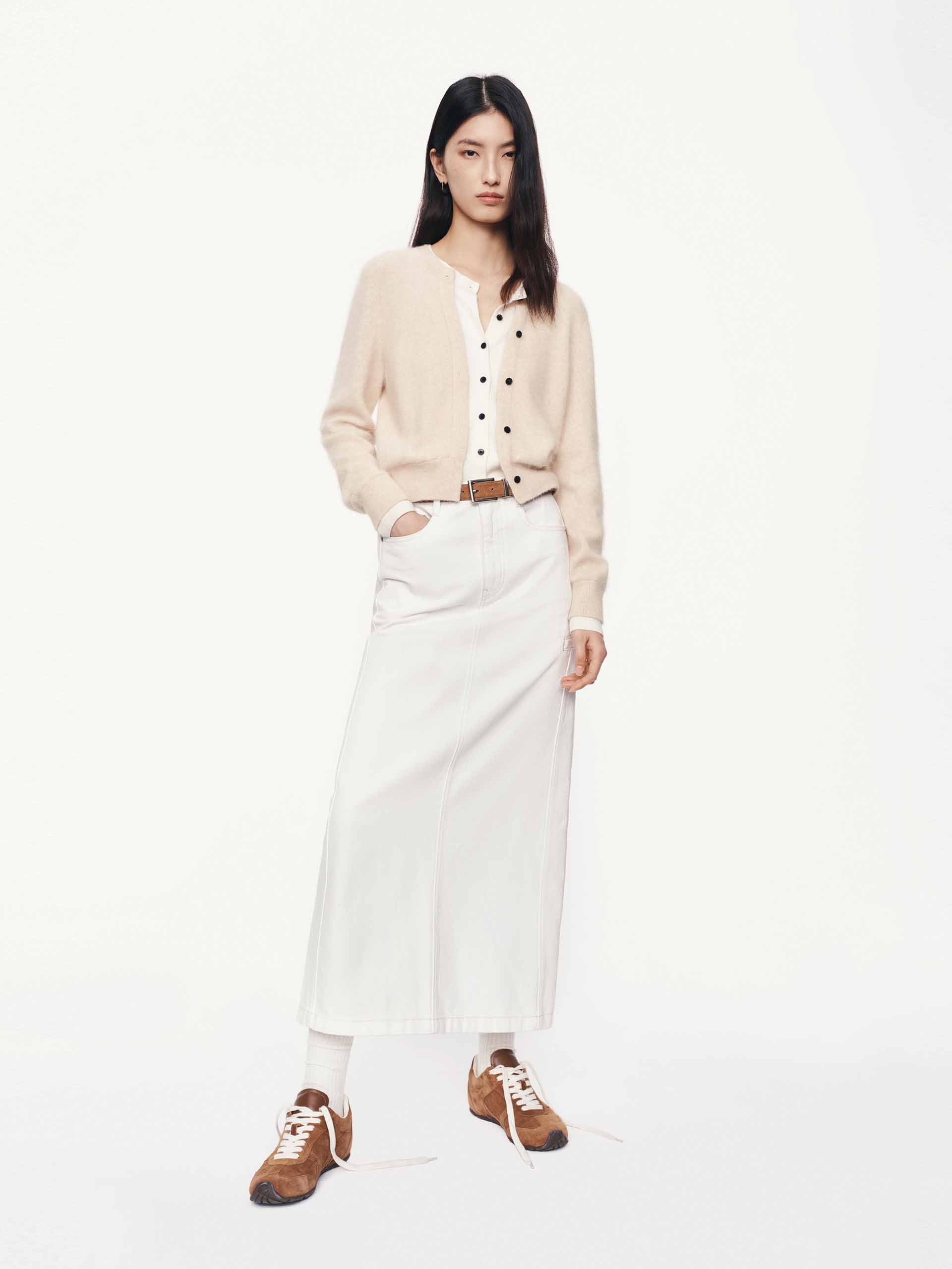 MO&Co. Women's Layered Round Neck Cardigan in Beige