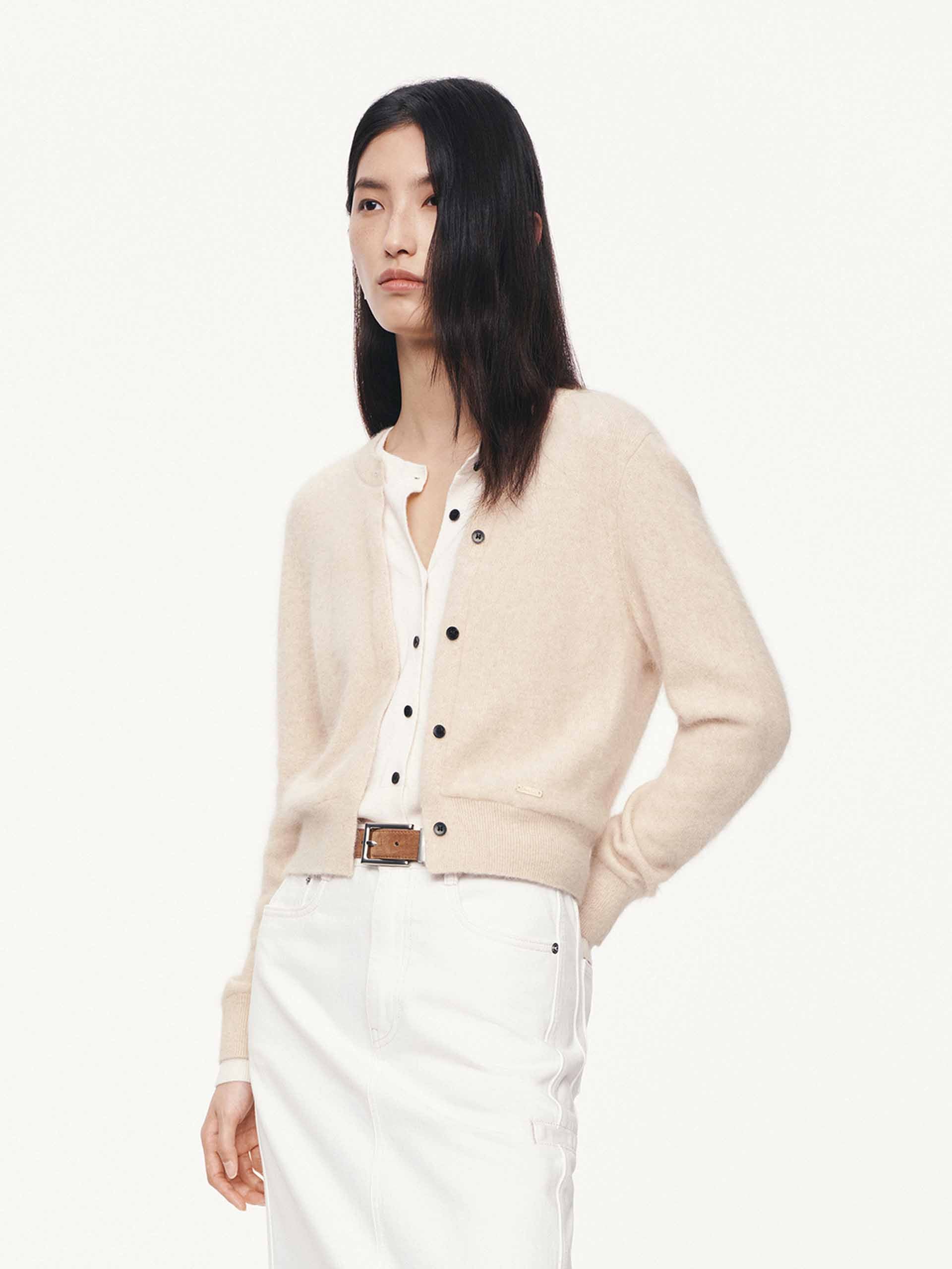 MO&Co. Women's Layered Round Neck Cardigan in Beige