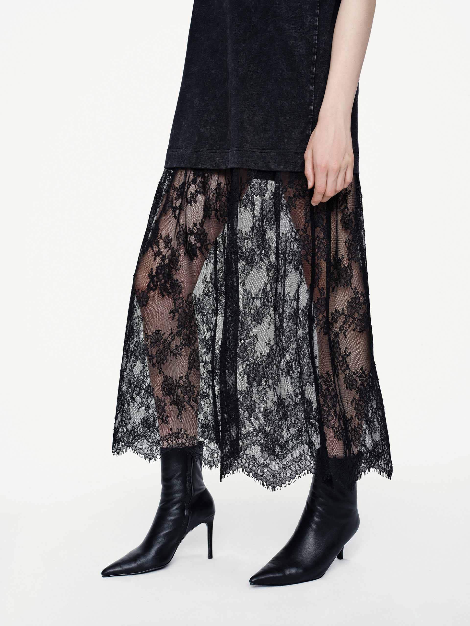 MO&Co. Women's Black Lace Tulle-paneled T-shirt Dress in Cotton