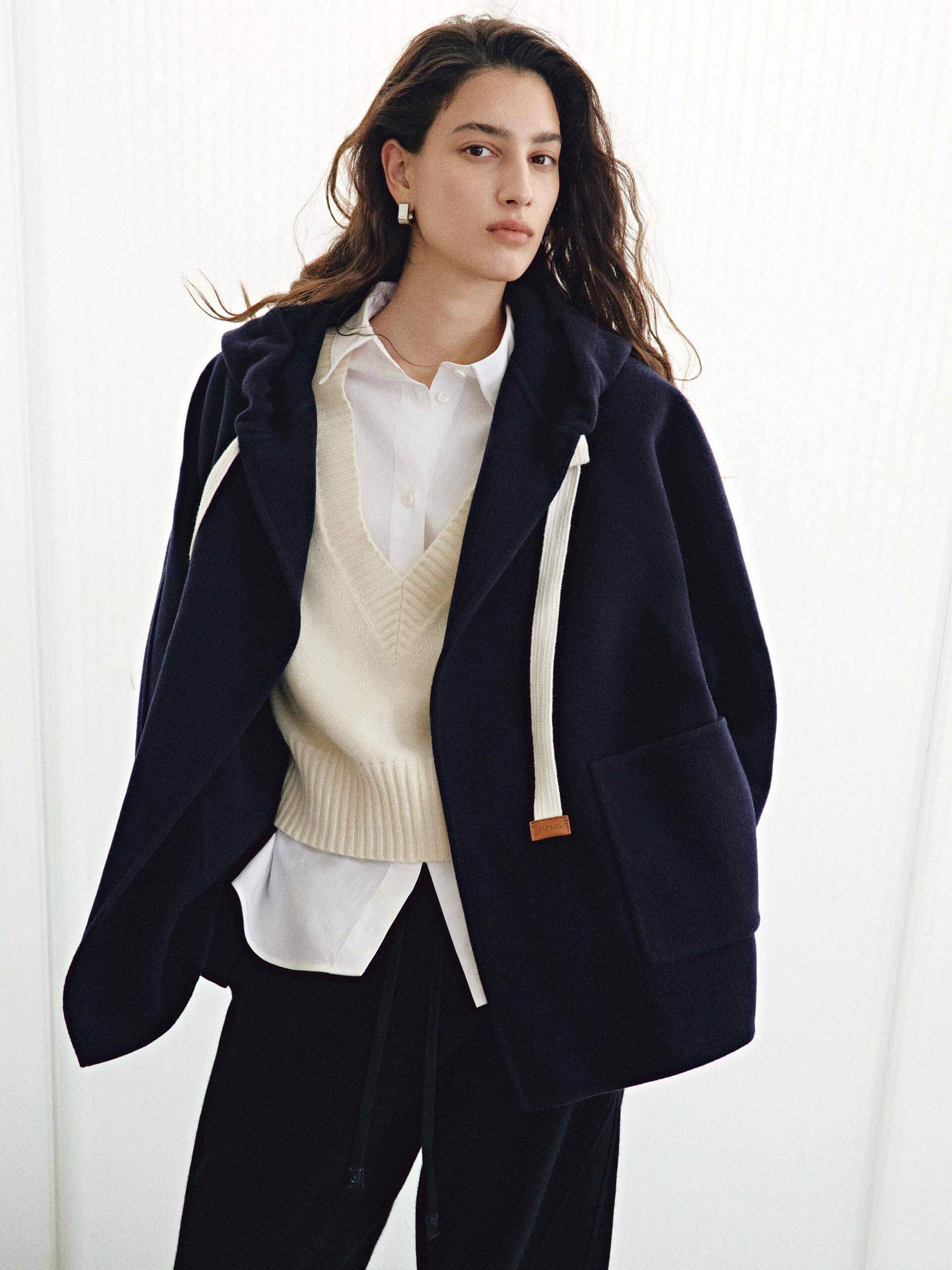 MO&Co. Women's Drawstring Detail Hood Pure Wool Coat in Navy