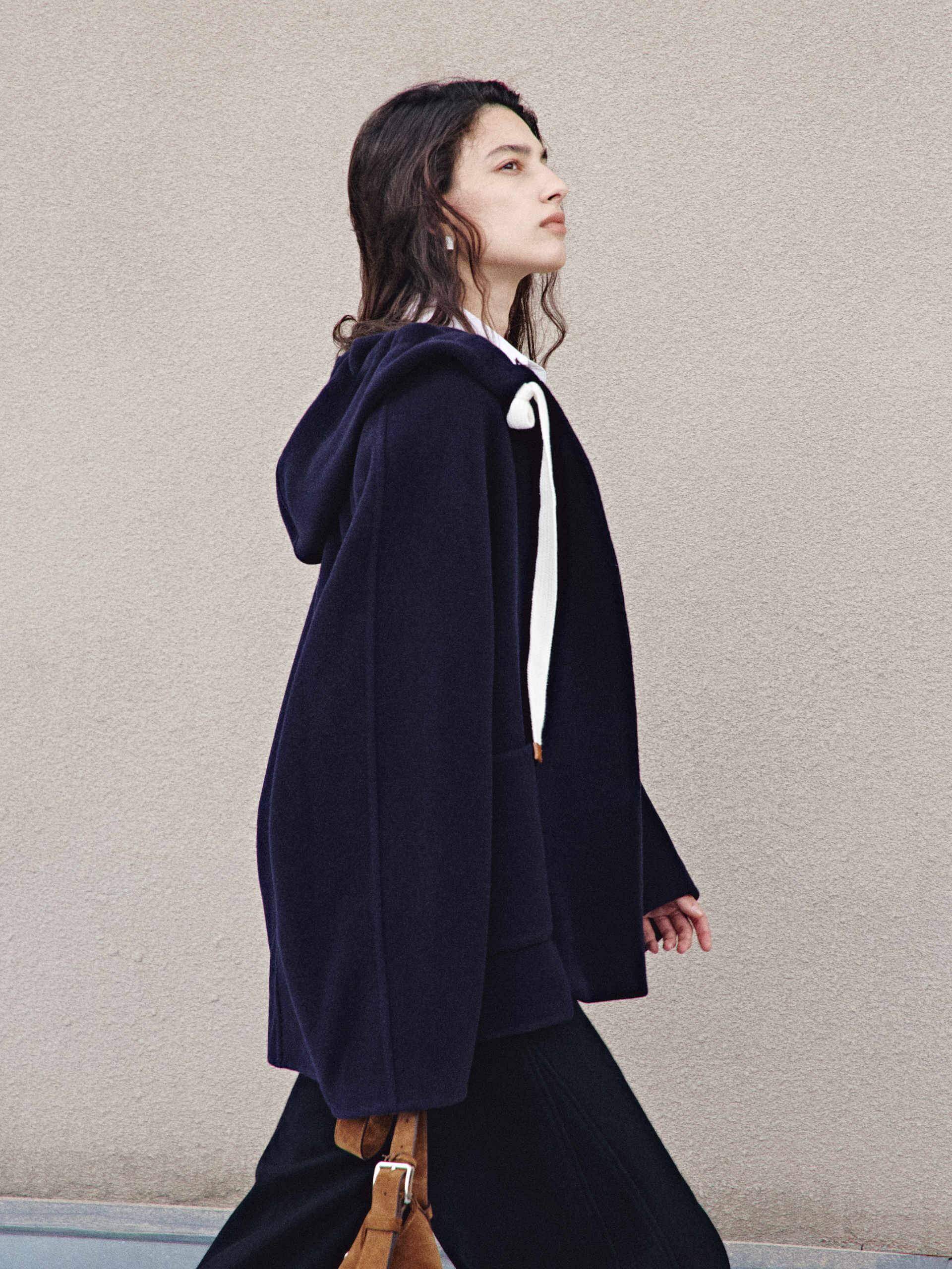 MO&Co. Women's Drawstring Detail Hood Pure Wool Coat in Navy