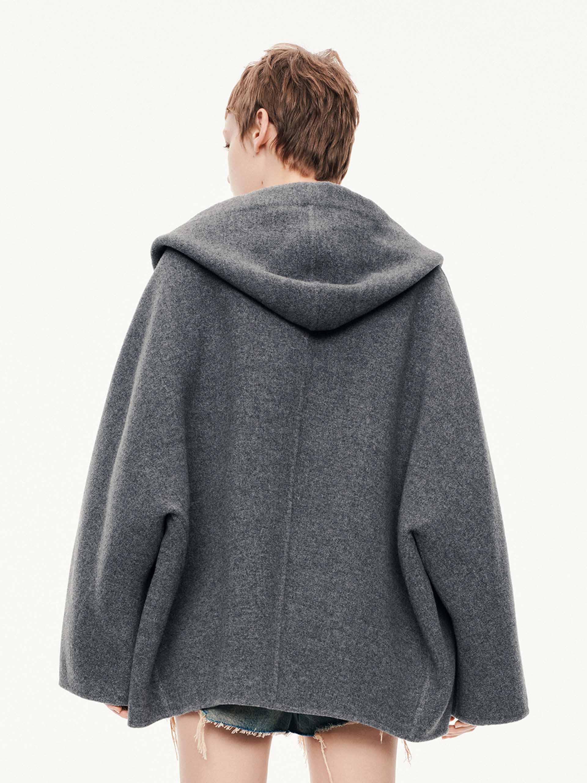 MO&Co. Women's Drawstring Detail Hood Pure Wool Coat in Grey
