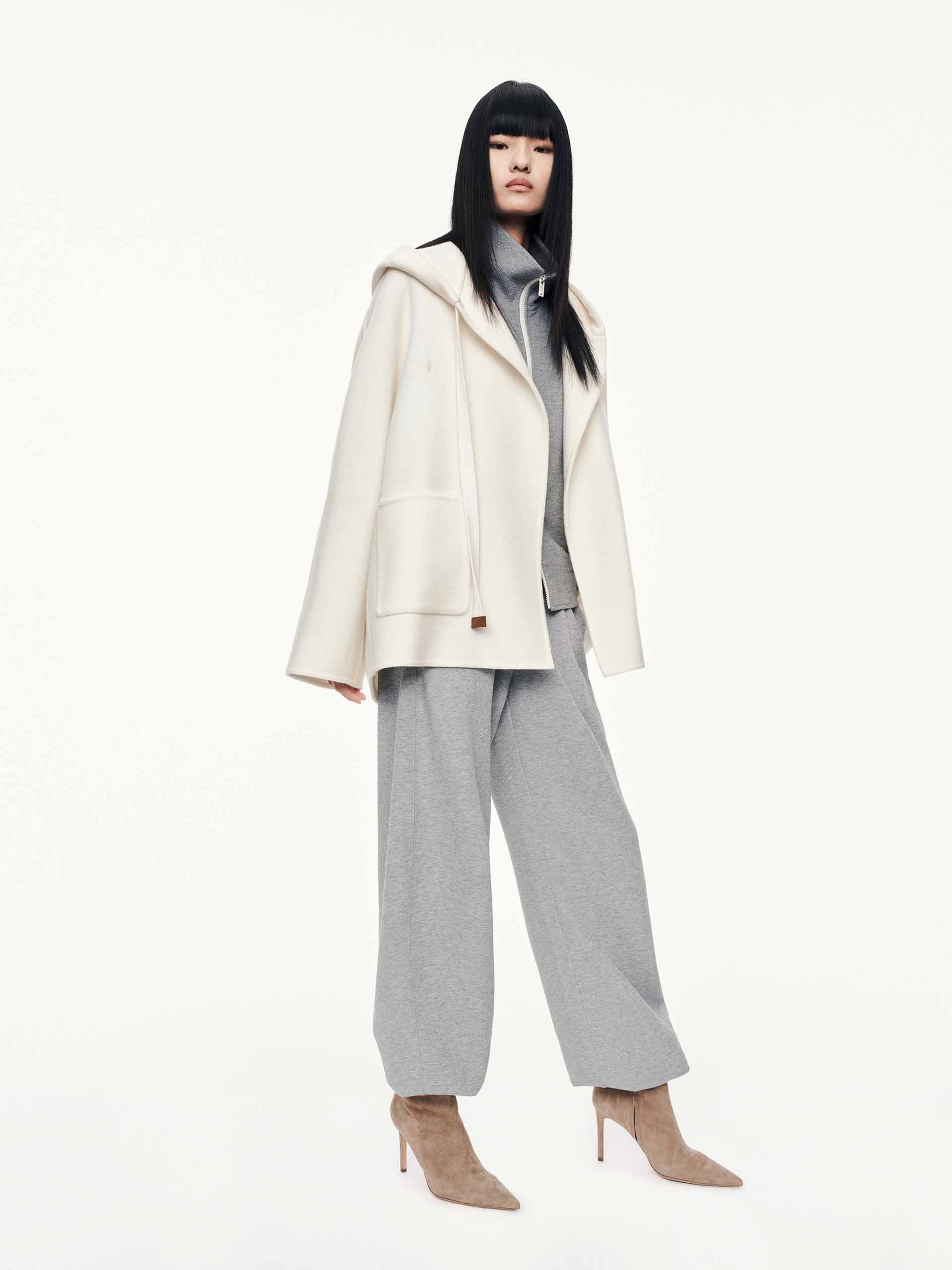 MO&Co. Women's Drawstring Detail Hood Pure Wool Coat in White