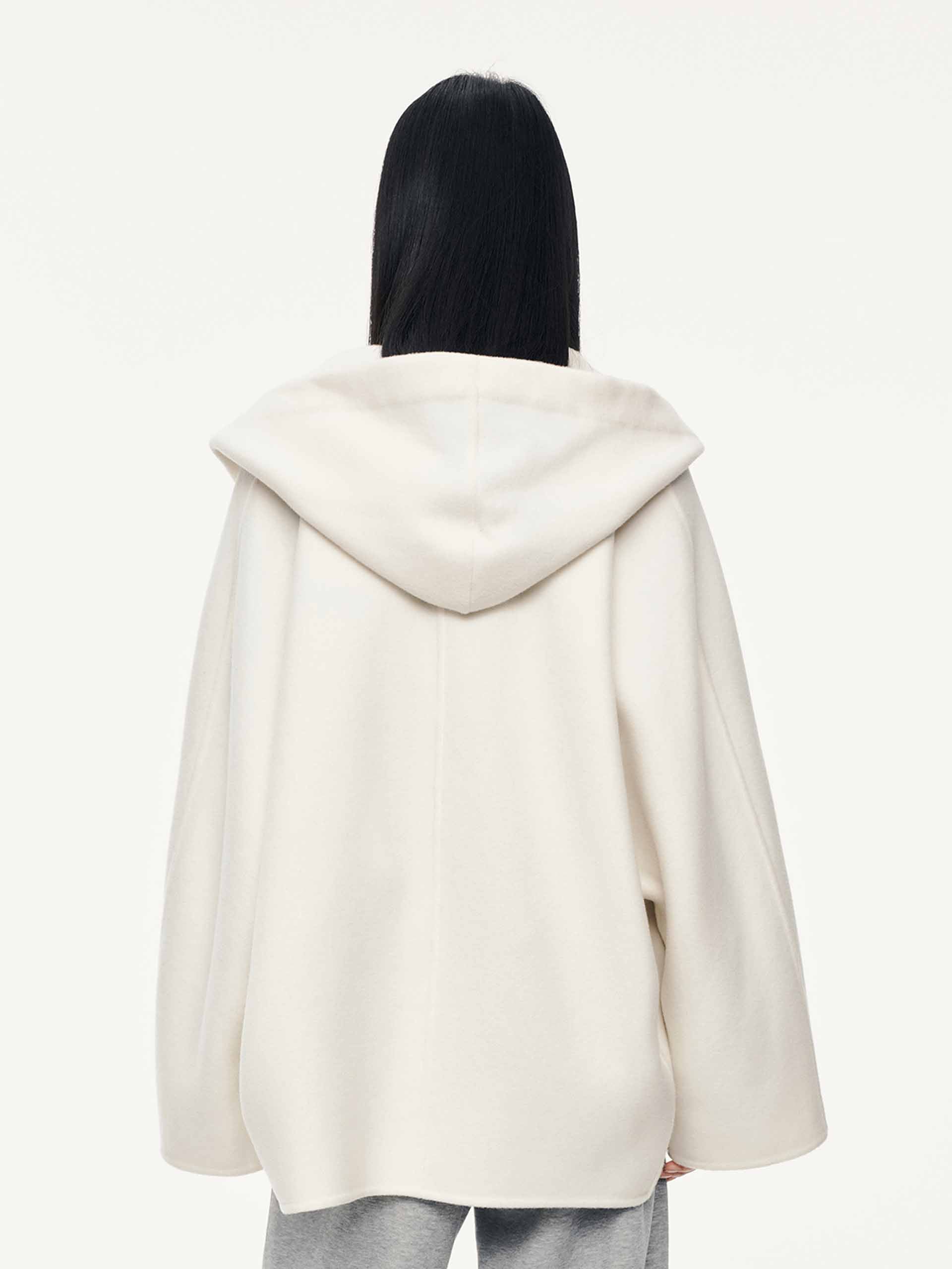 MO&Co. Women's Drawstring Detail Hood Pure Wool Coat in White