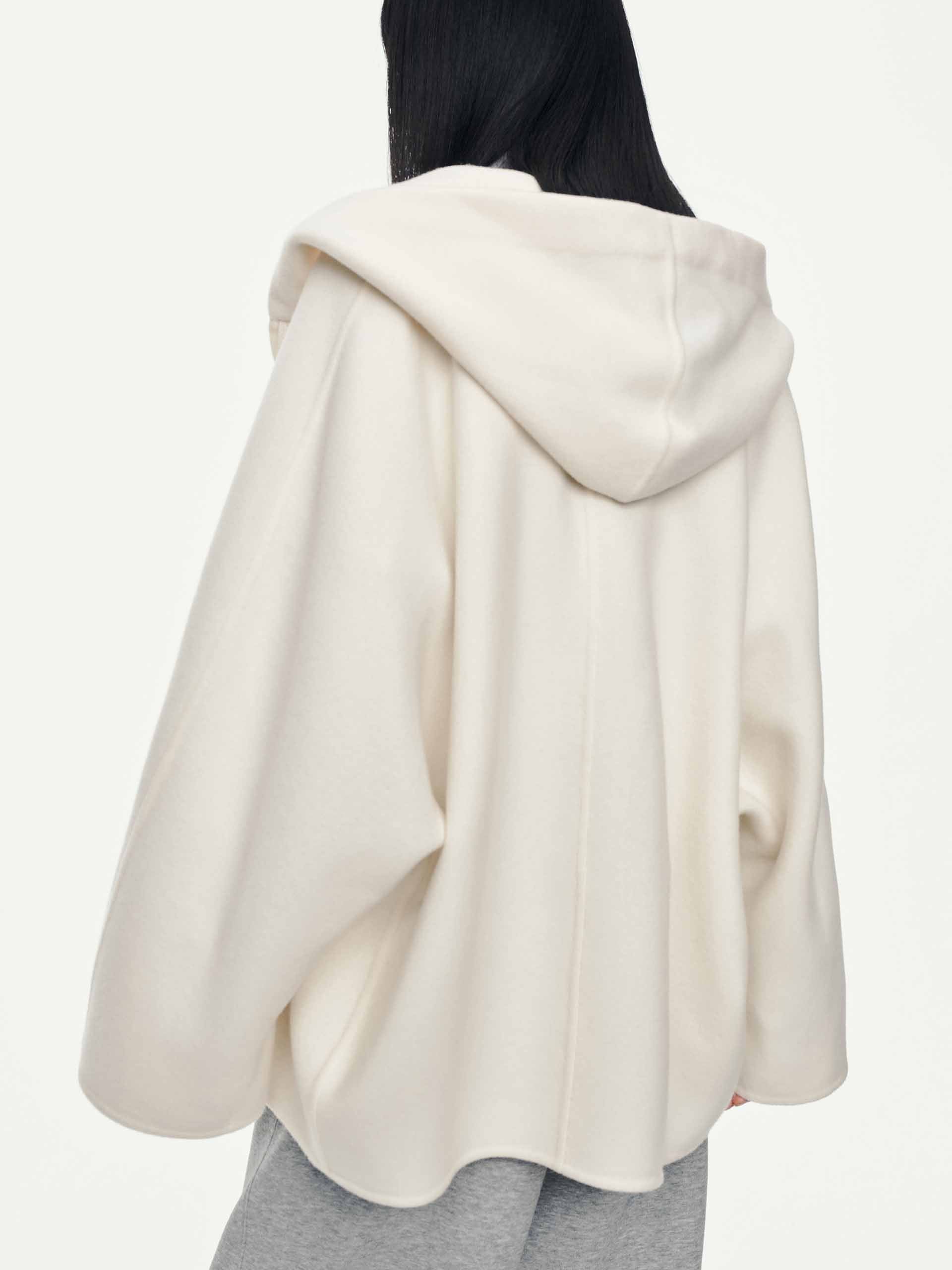 MO&Co. Women's Drawstring Detail Hood Pure Wool Coat in White