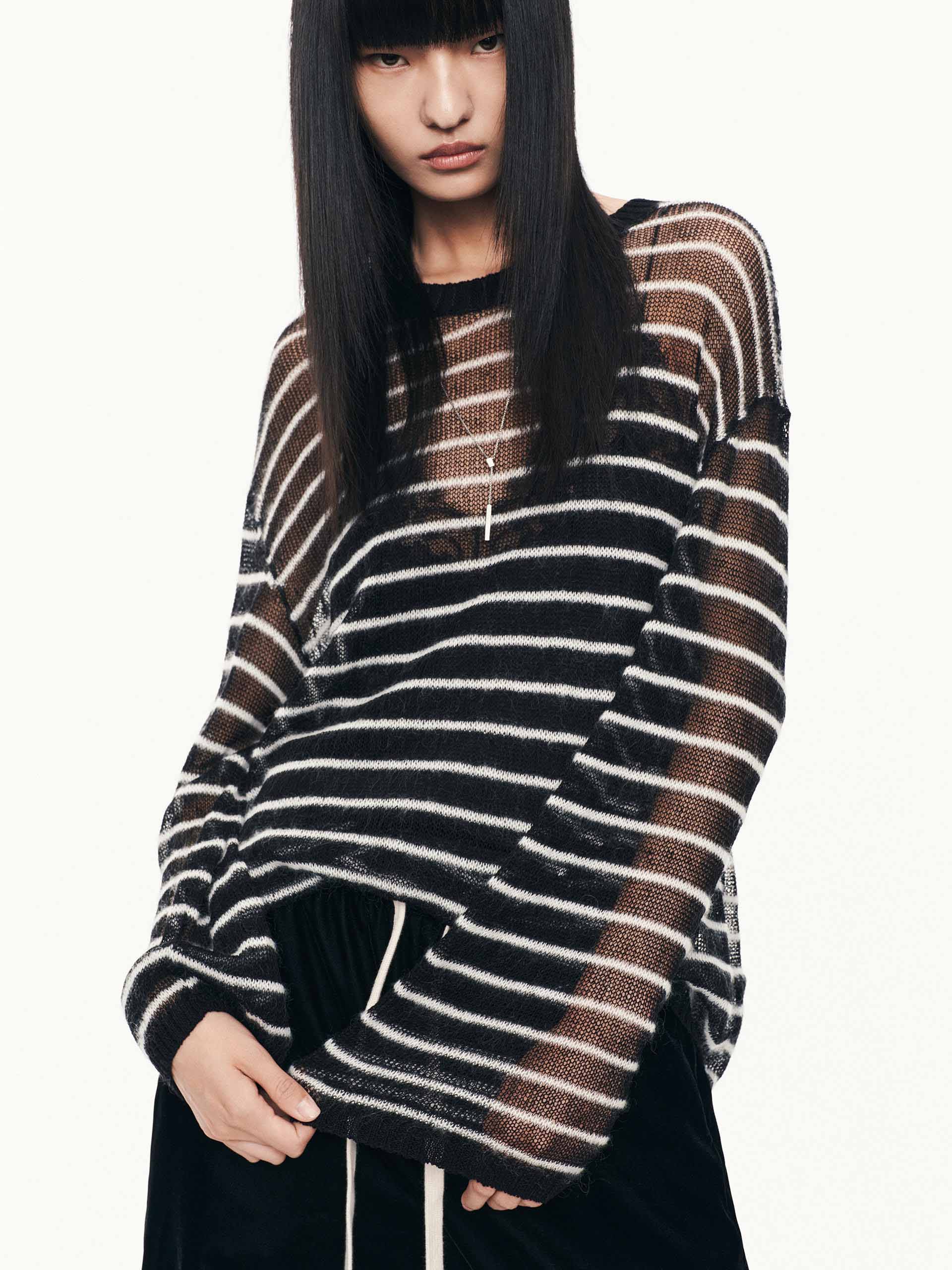MO&Co. Women's Striped Open Knit Lightweight Sweater