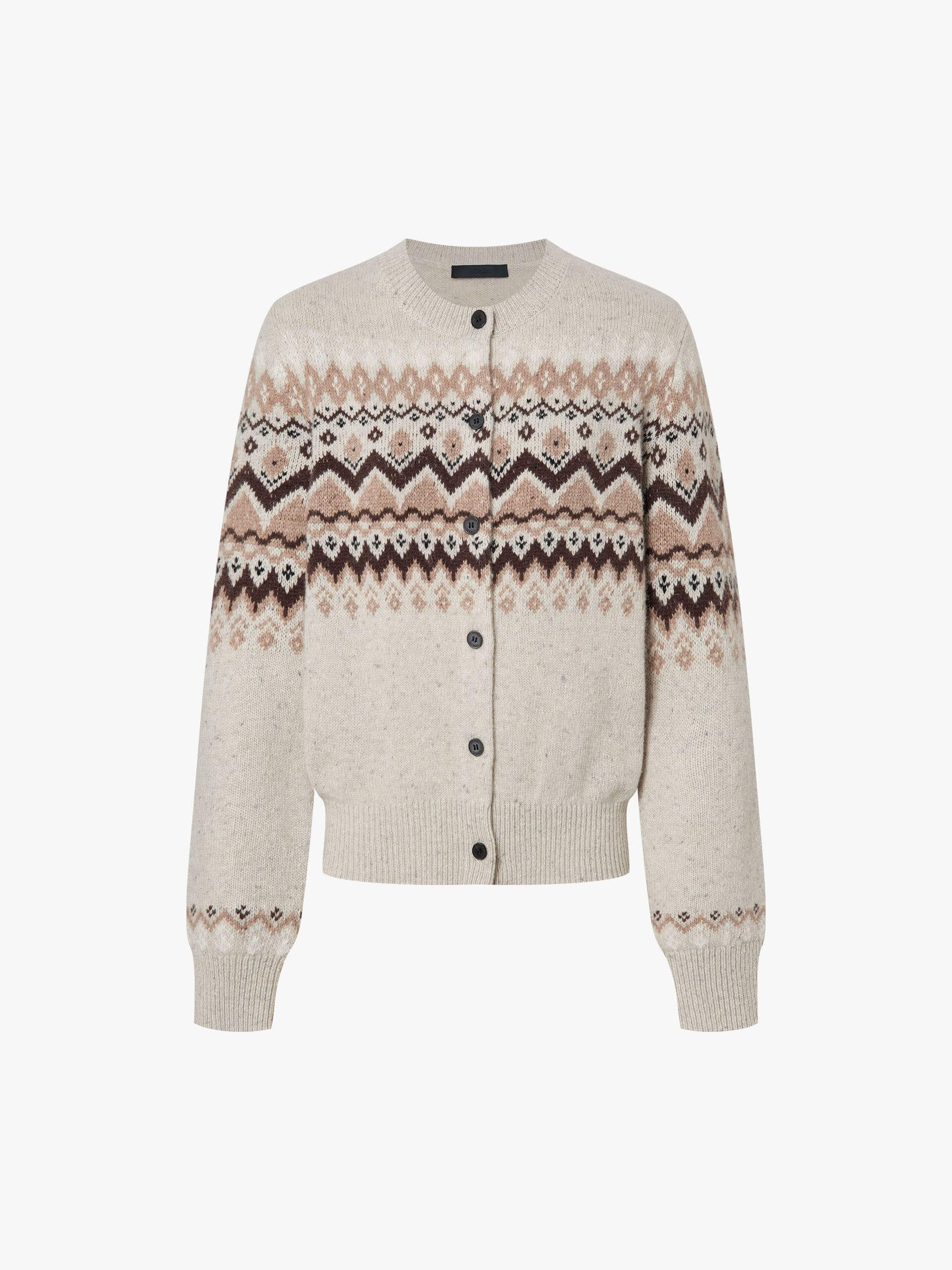 MO&Co. Women's Wool Blend Fair Isle Cardigan in Camel
