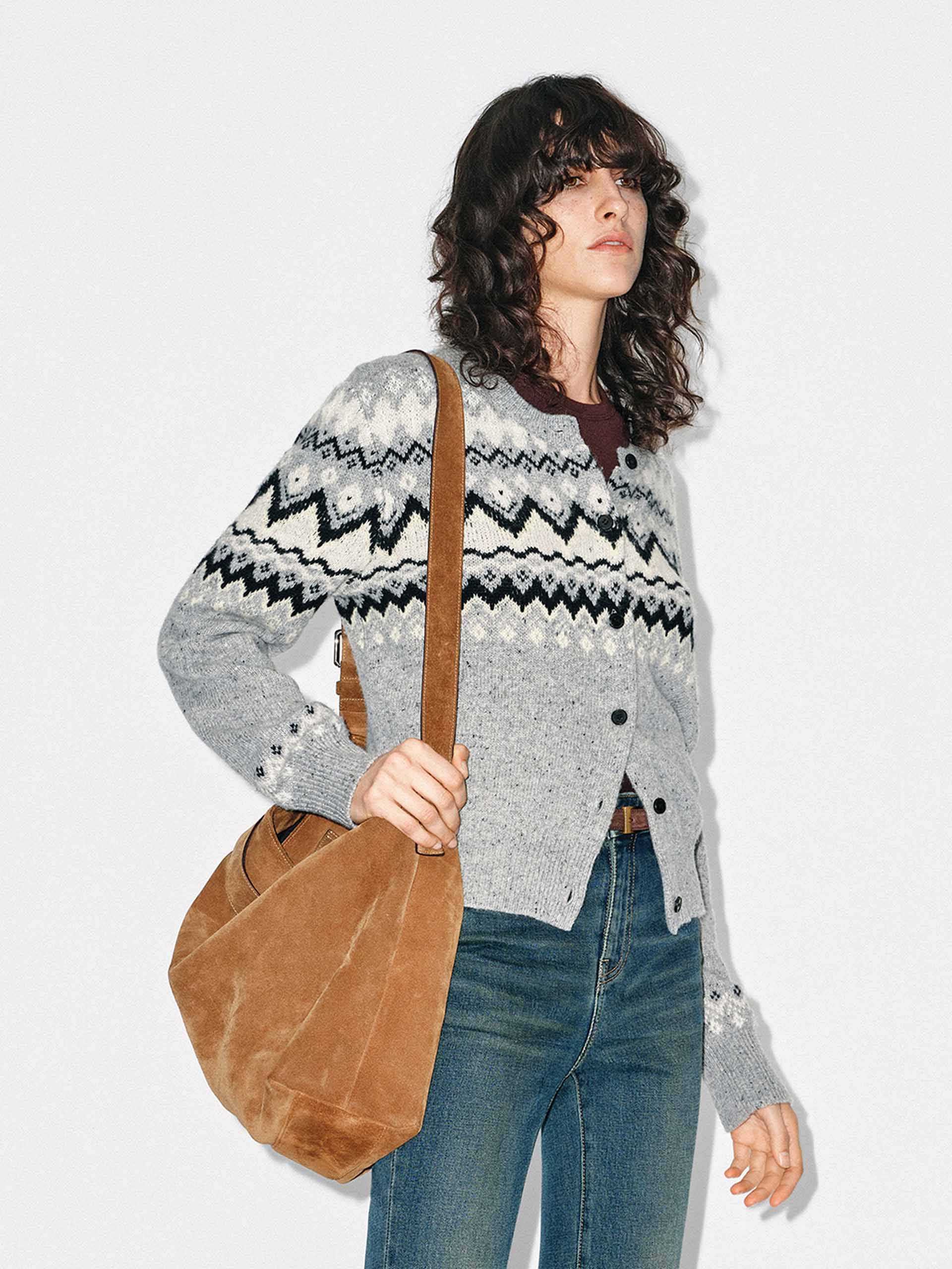 MO&Co. Women's Wool Blend Fair Isle Cardigan in Light Grey