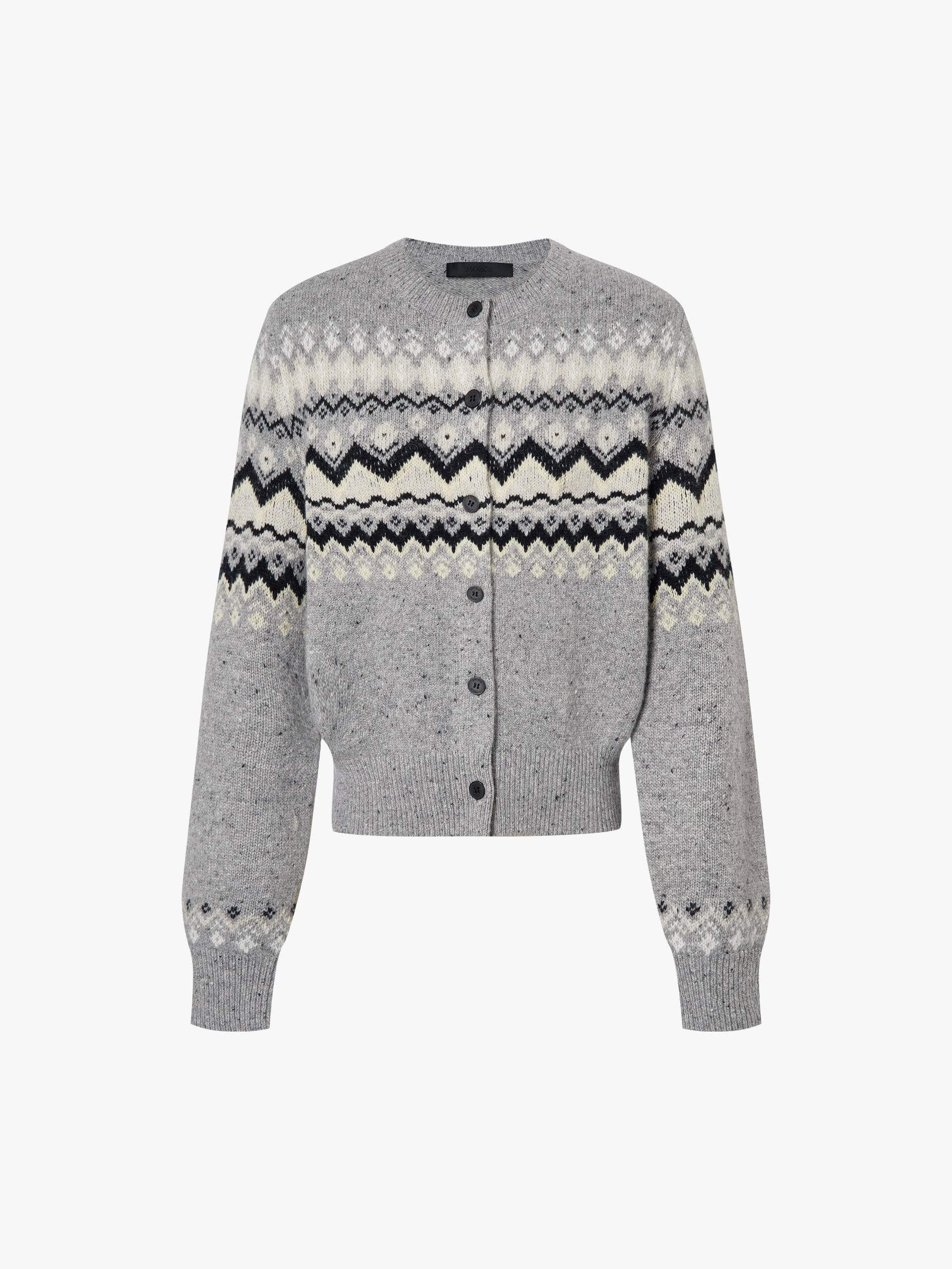 MO&Co. Women's Wool Blend Fair Isle Cardigan in Light Grey
