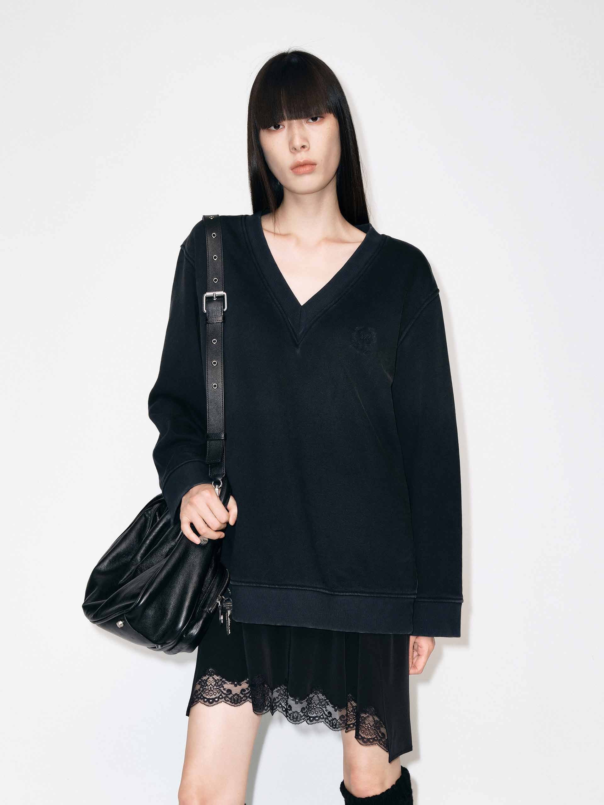 MO&Co. Women's Lace Hem Cotton Long Sleeves Dress in Black