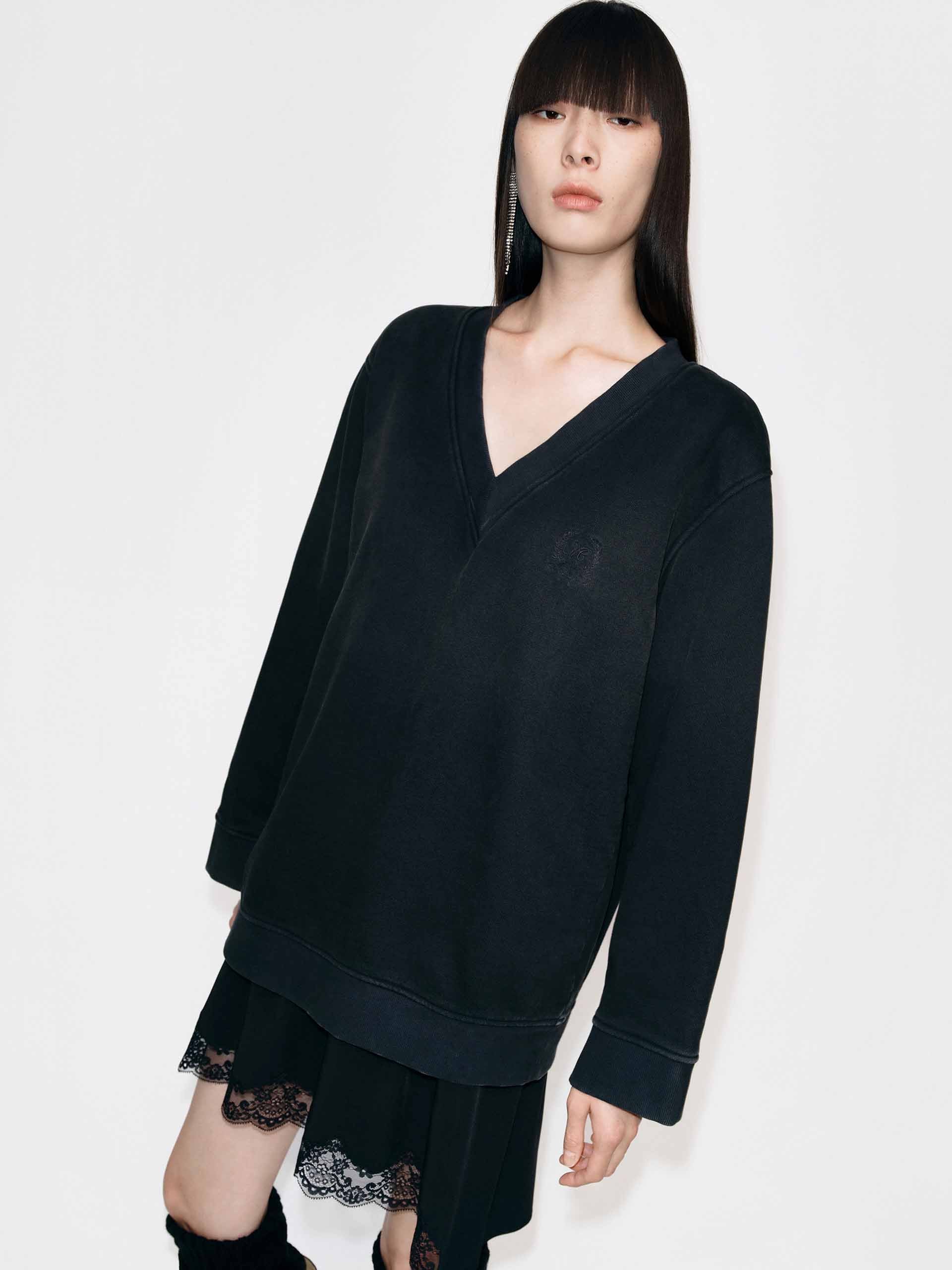 MO&Co. Women's Lace Hem Cotton Long Sleeves Dress in Black