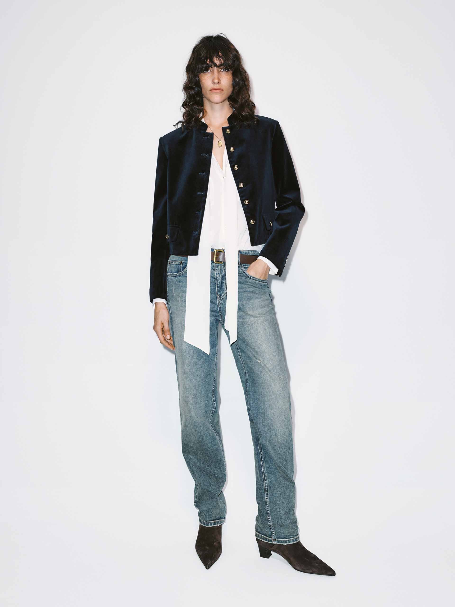 MO&Co. Women's Mock Collar Velvet Tailored Jacket in Navy