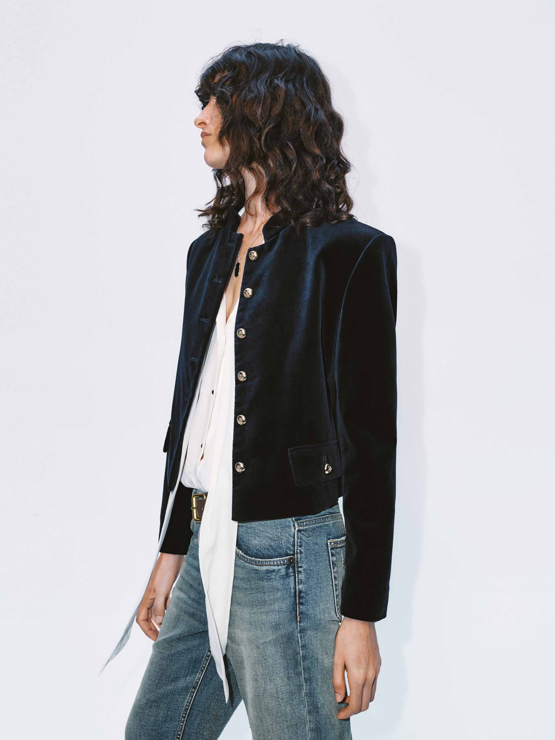 MO&Co. Women's Mock Collar Velvet Tailored Jacket in Navy