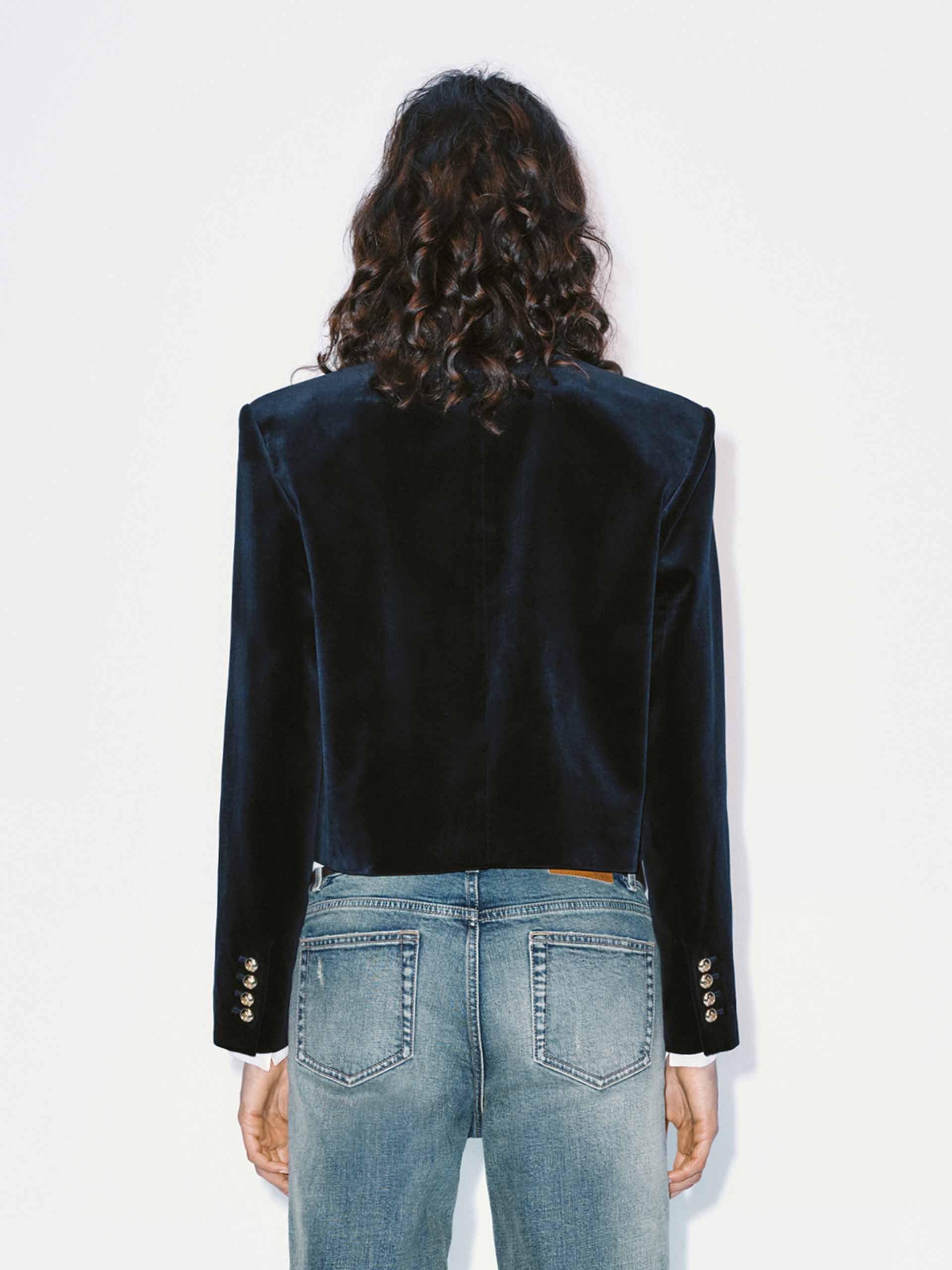 MO&Co. Women's Mock Collar Velvet Tailored Jacket in Navy