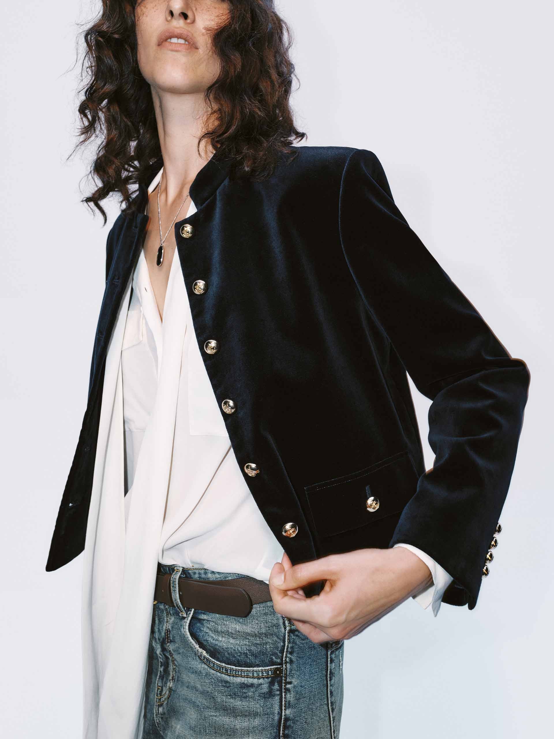 MO&Co. Women's Mock Collar Velvet Tailored Jacket in Navy