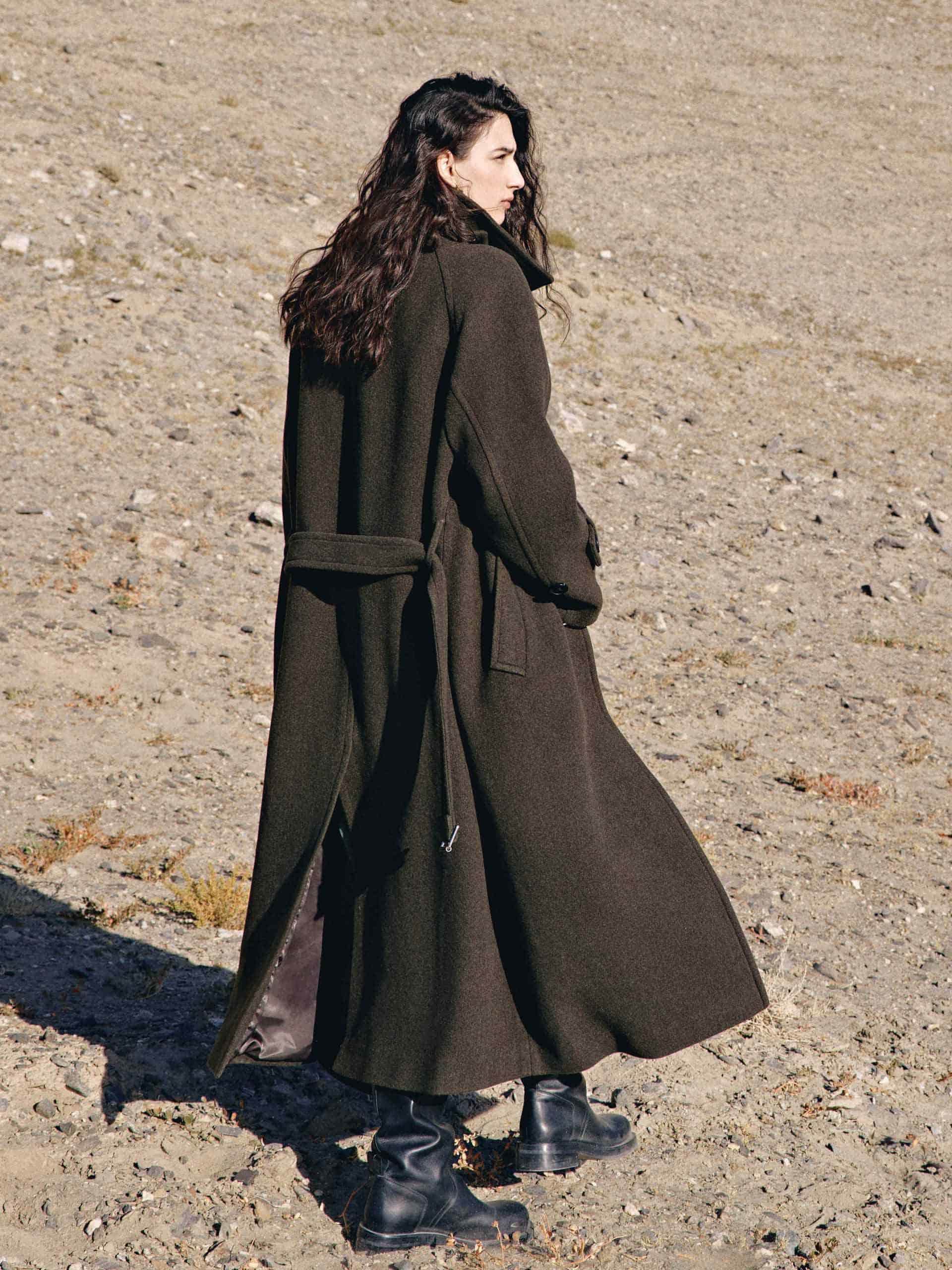 MO&Co. Women's Merino Wool Longline Belted Coat in Olive