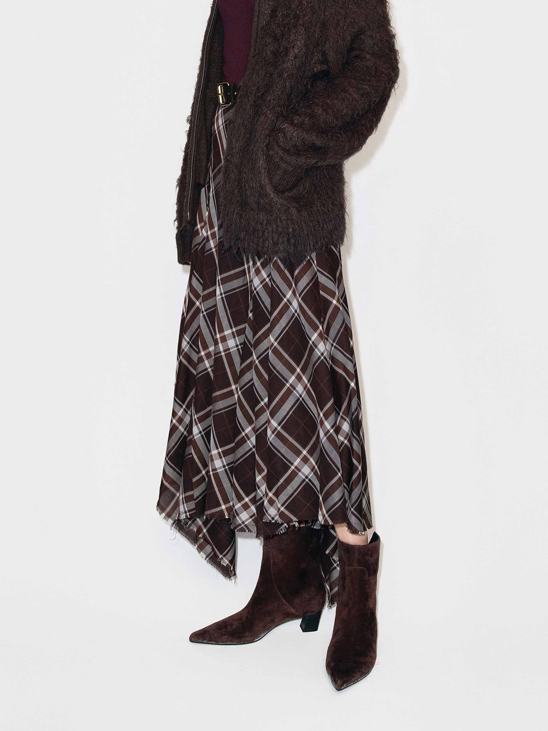 MO&Co. Vintage Brown Plaid Skirt - Asymmetrical Raw Hem