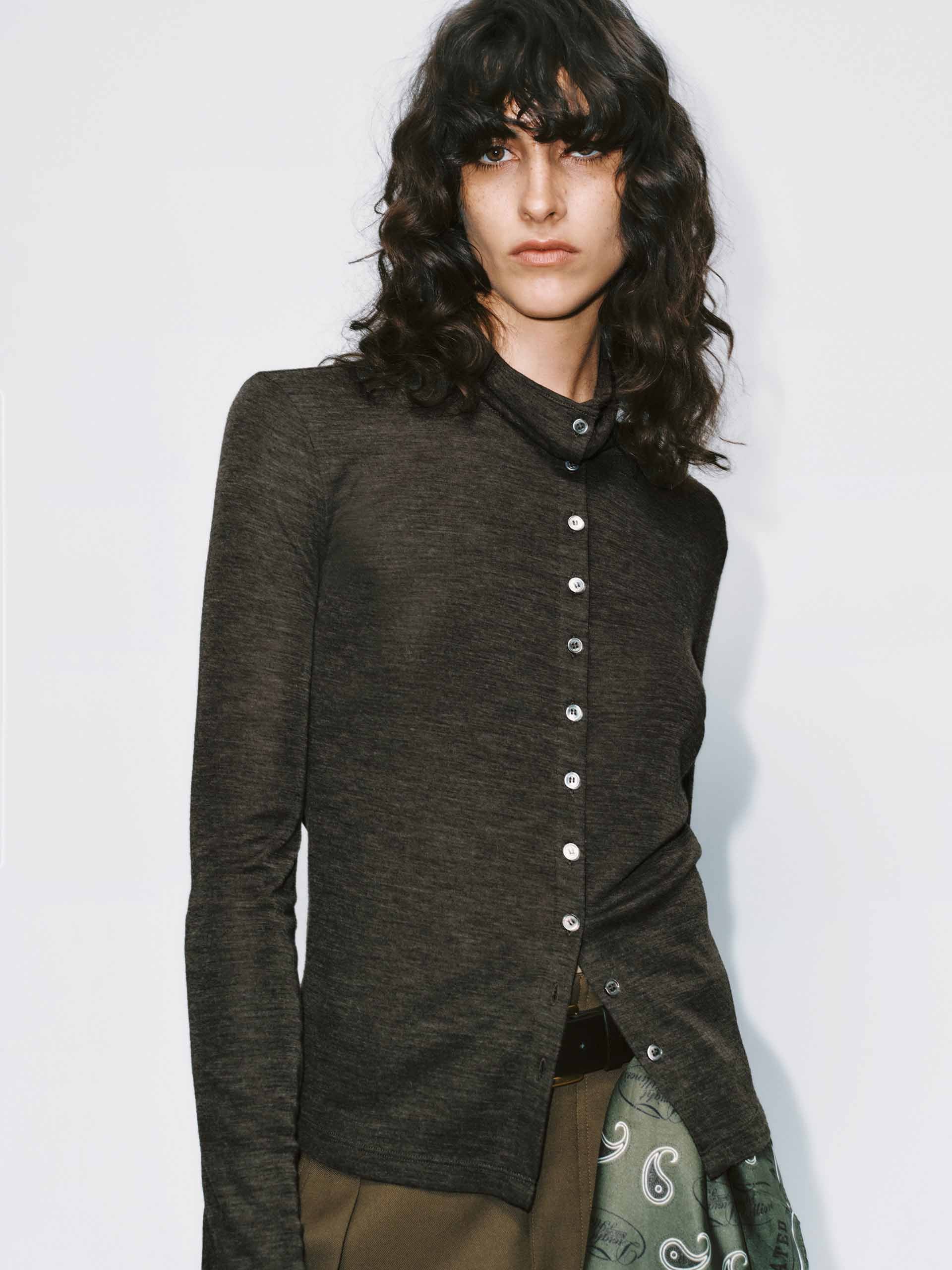 MO&Co. Women's Button Closure Wool Blend Fitted Turtleneck Blouse in Olive