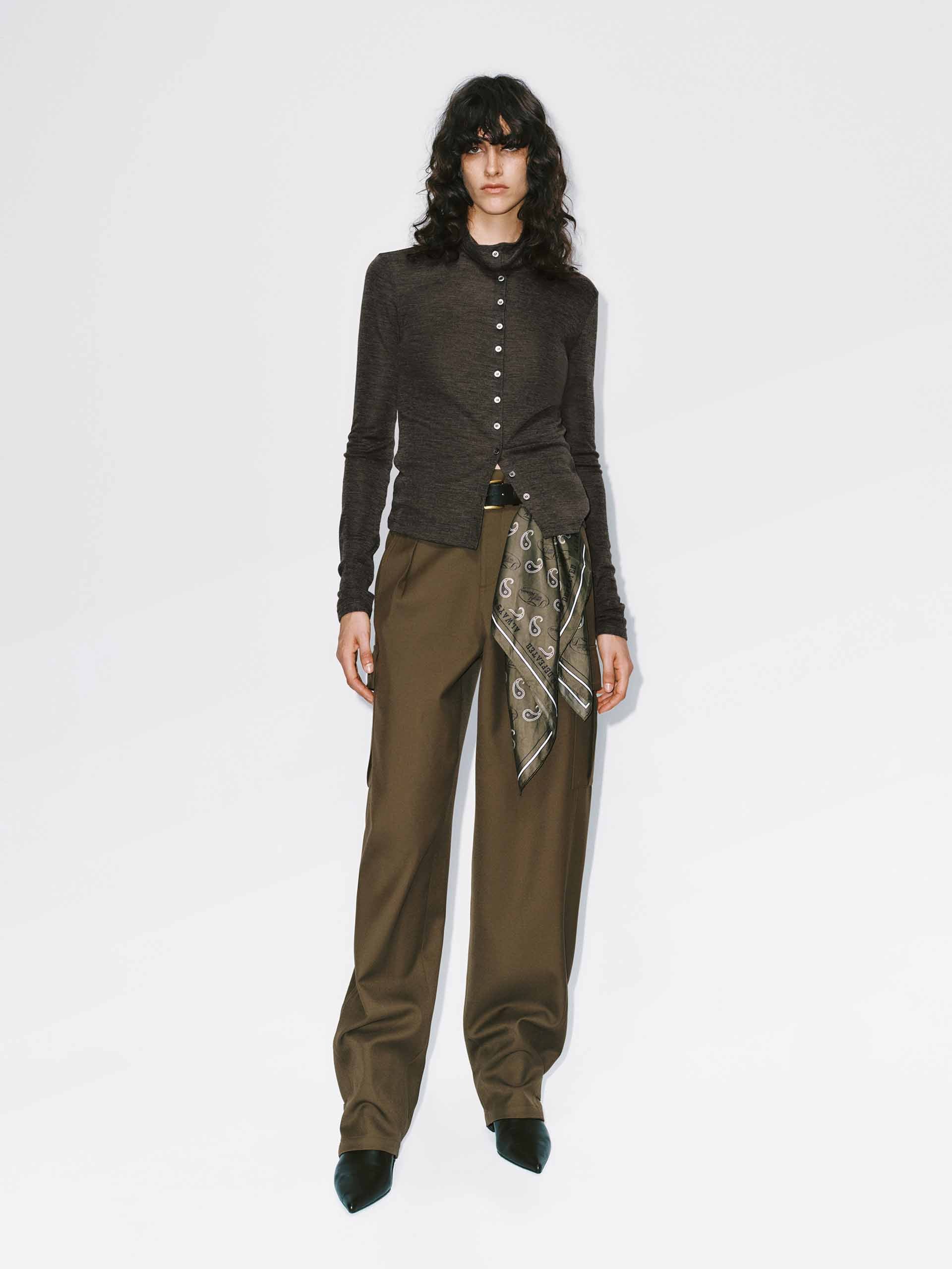 MO&Co. Women's Button Closure Wool Blend Fitted Turtleneck Blouse in Olive