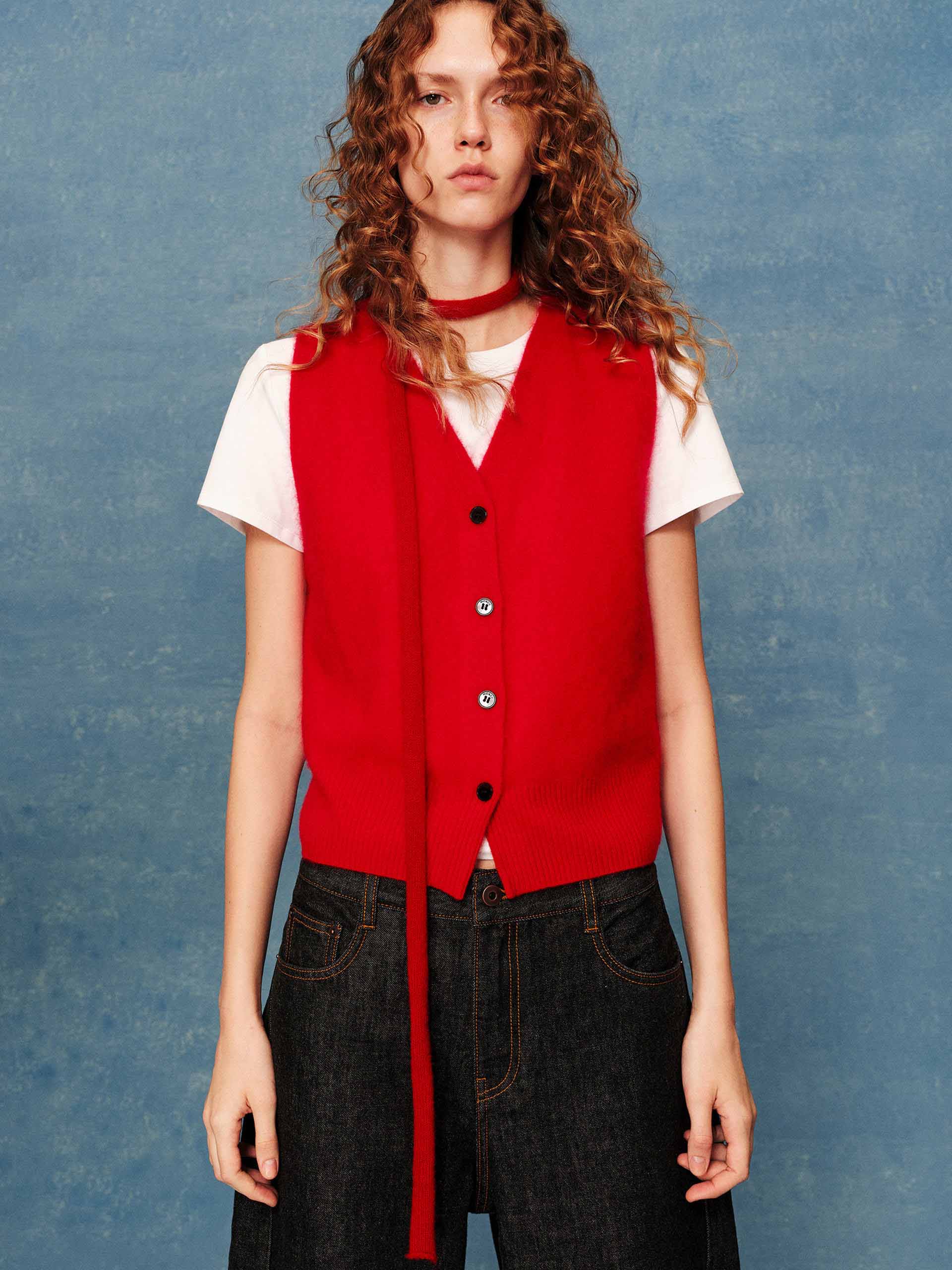 MO&Co. Women's Sleeveless Wool Sweater Vest | V-Neck in Red