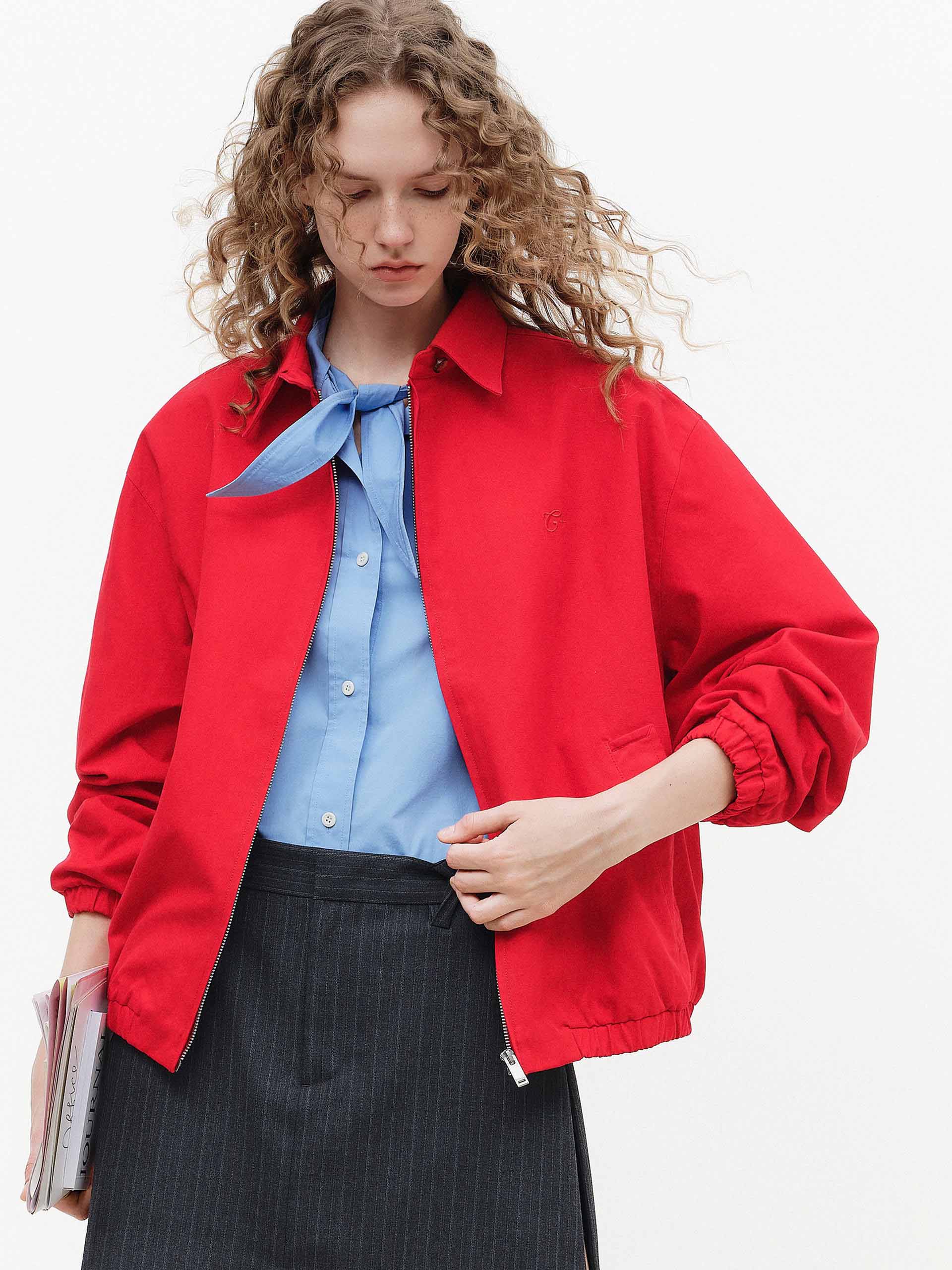MO&Co. Women's Red Lapel Zip Up Jacket