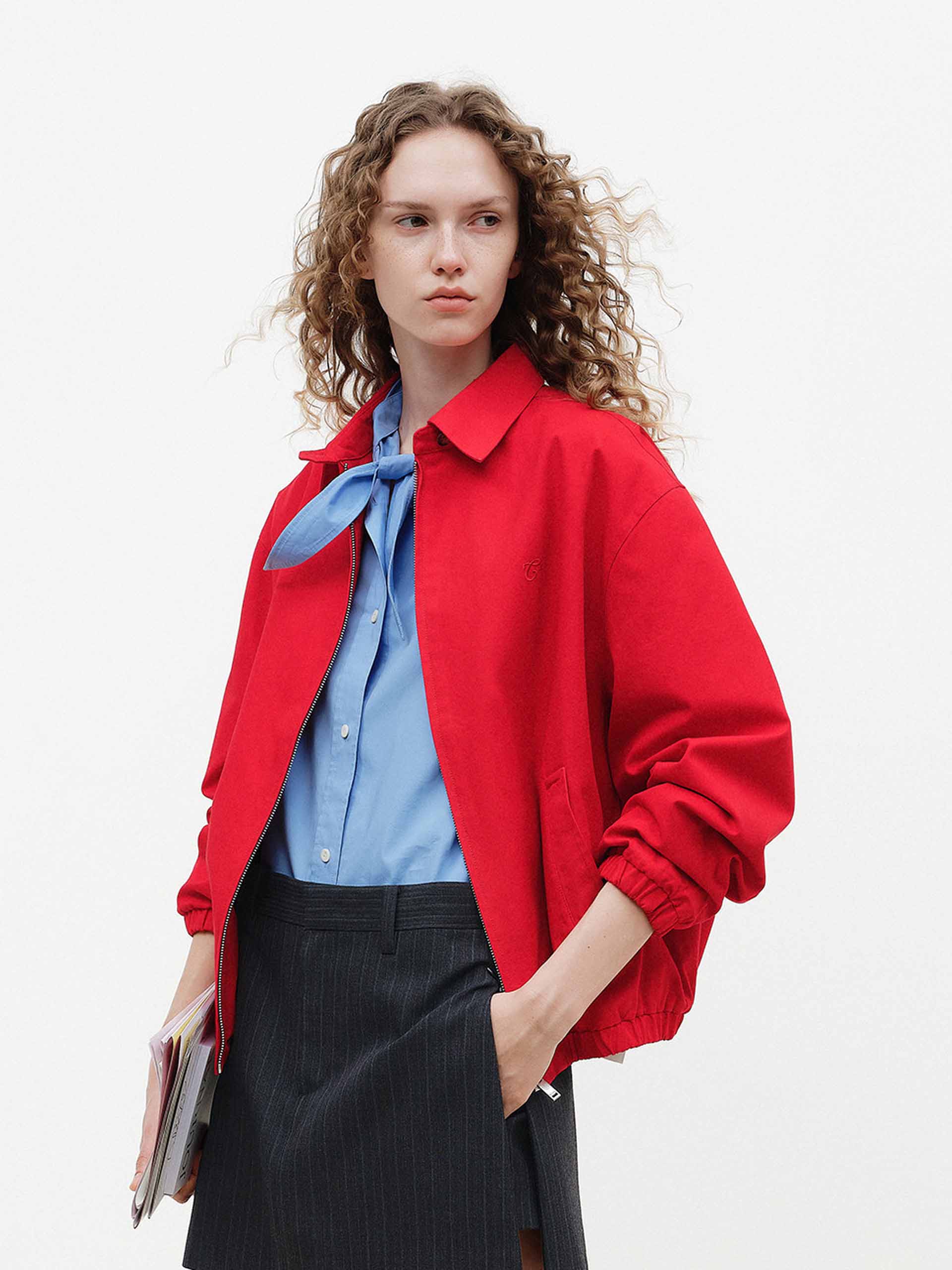 MO&Co. Women's Red Lapel Zip Up Jacket