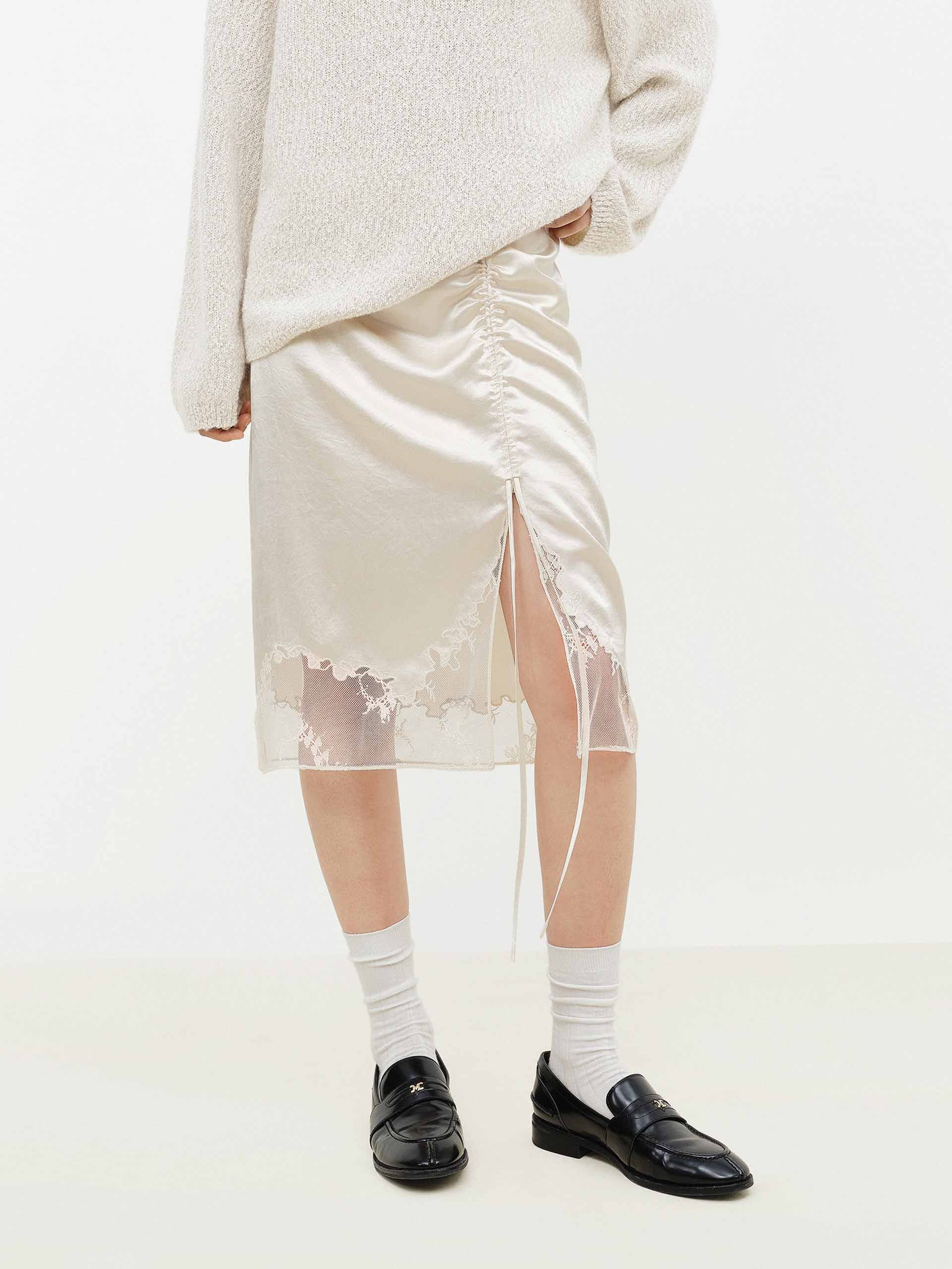 MO&Co. Women's Lace Hem Satin Midi Skirt