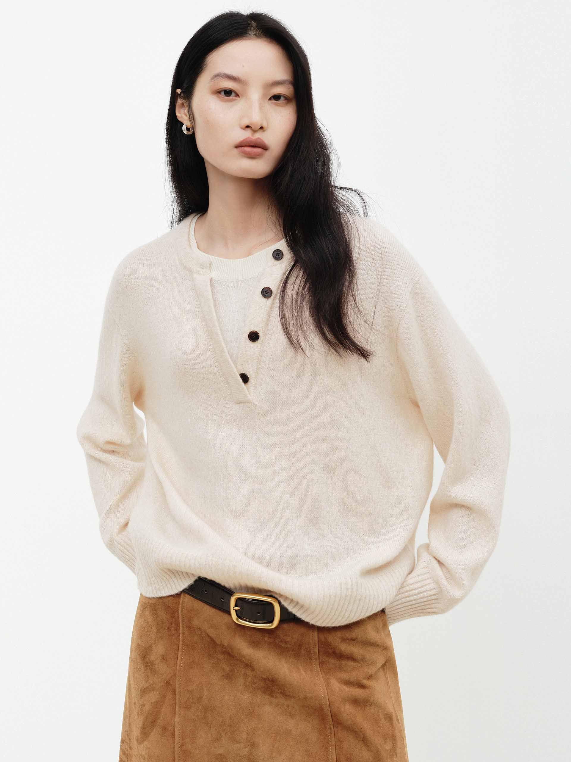 MO&Co. Slouchy Henley Knit Sweater | Layered Paneled Neck