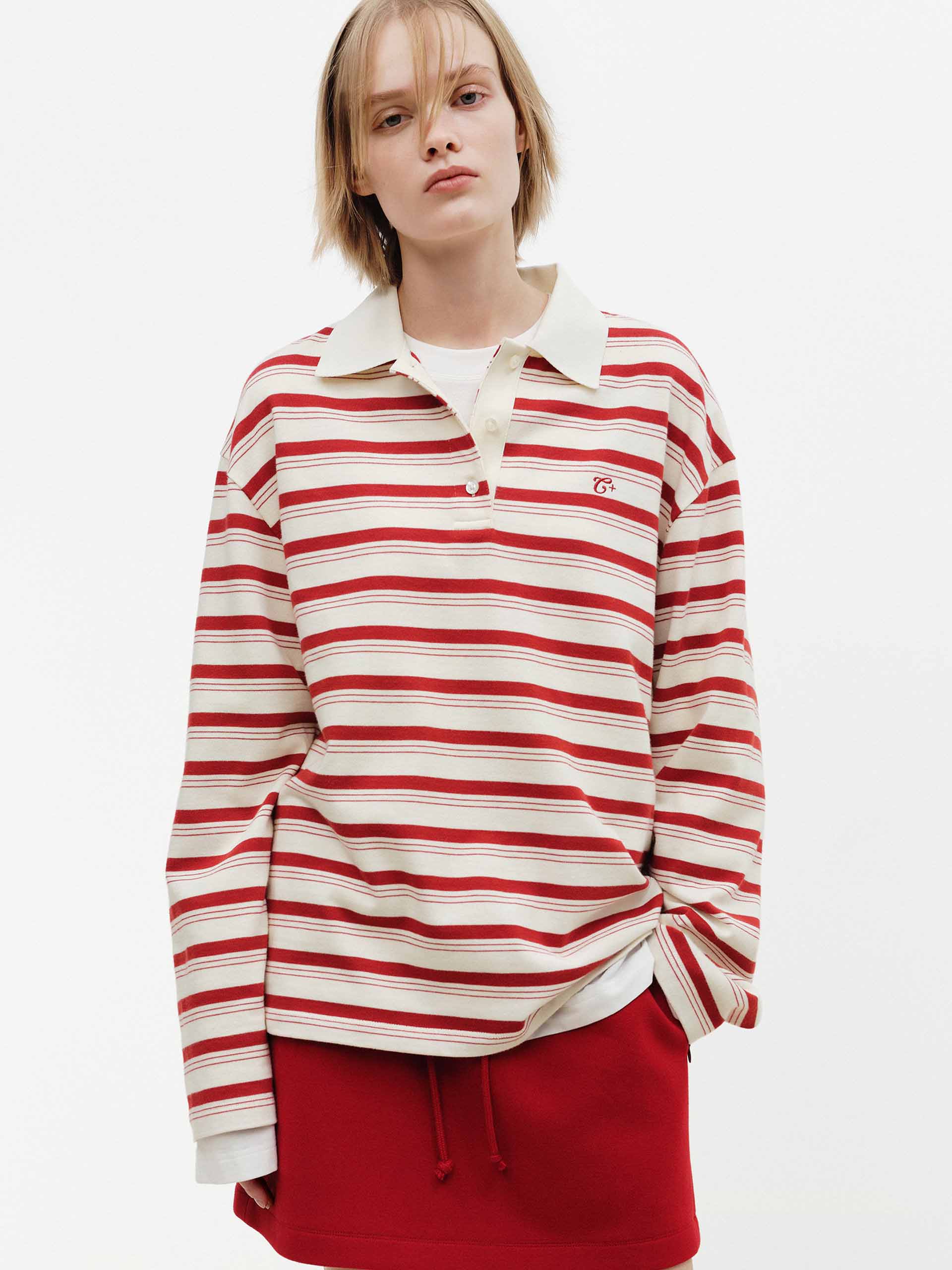 MO&Co. Women's Polo Collar Striped Long Sleeve Top