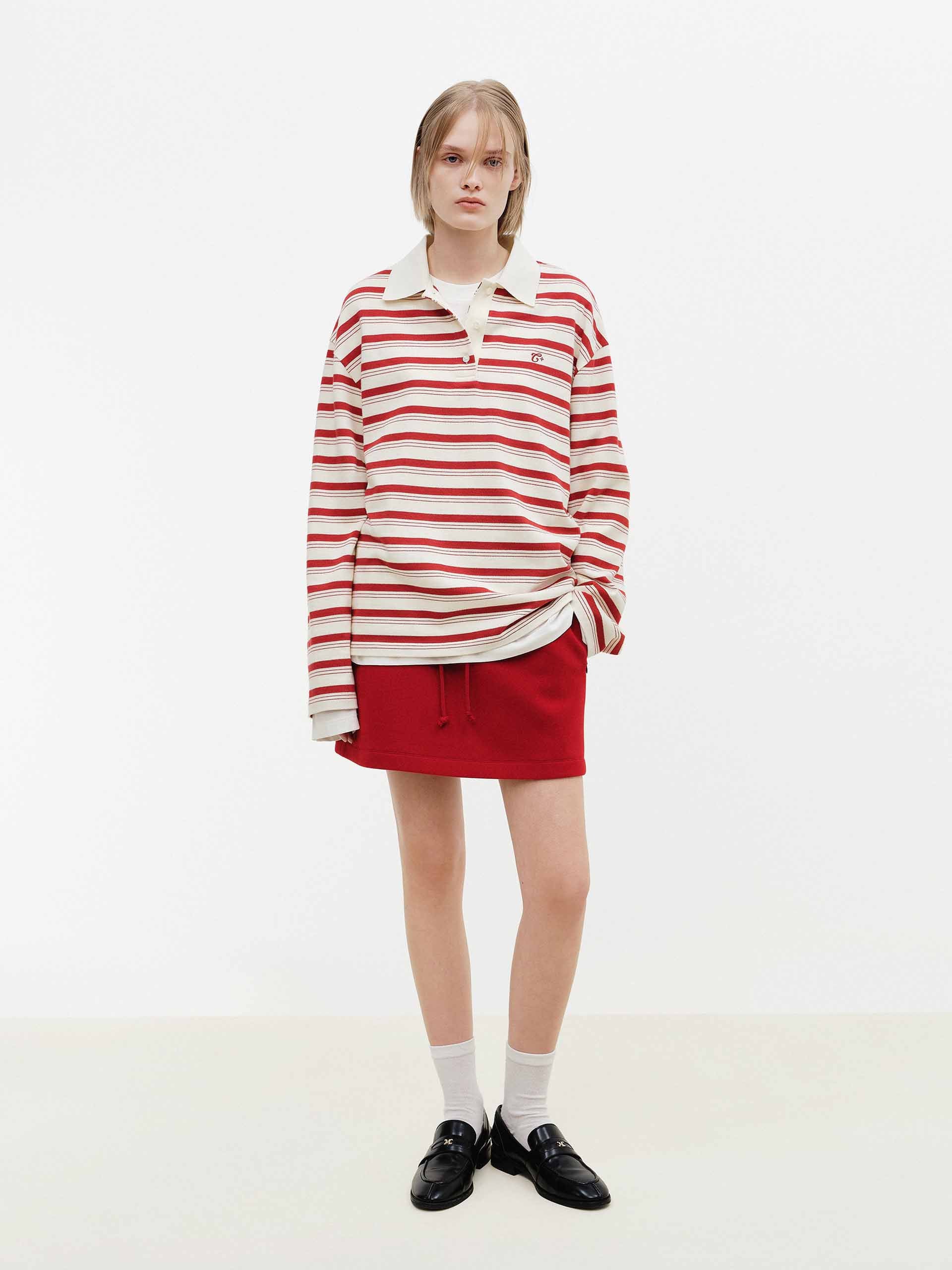 MO&Co. Women's Polo Collar Striped Long Sleeve Top