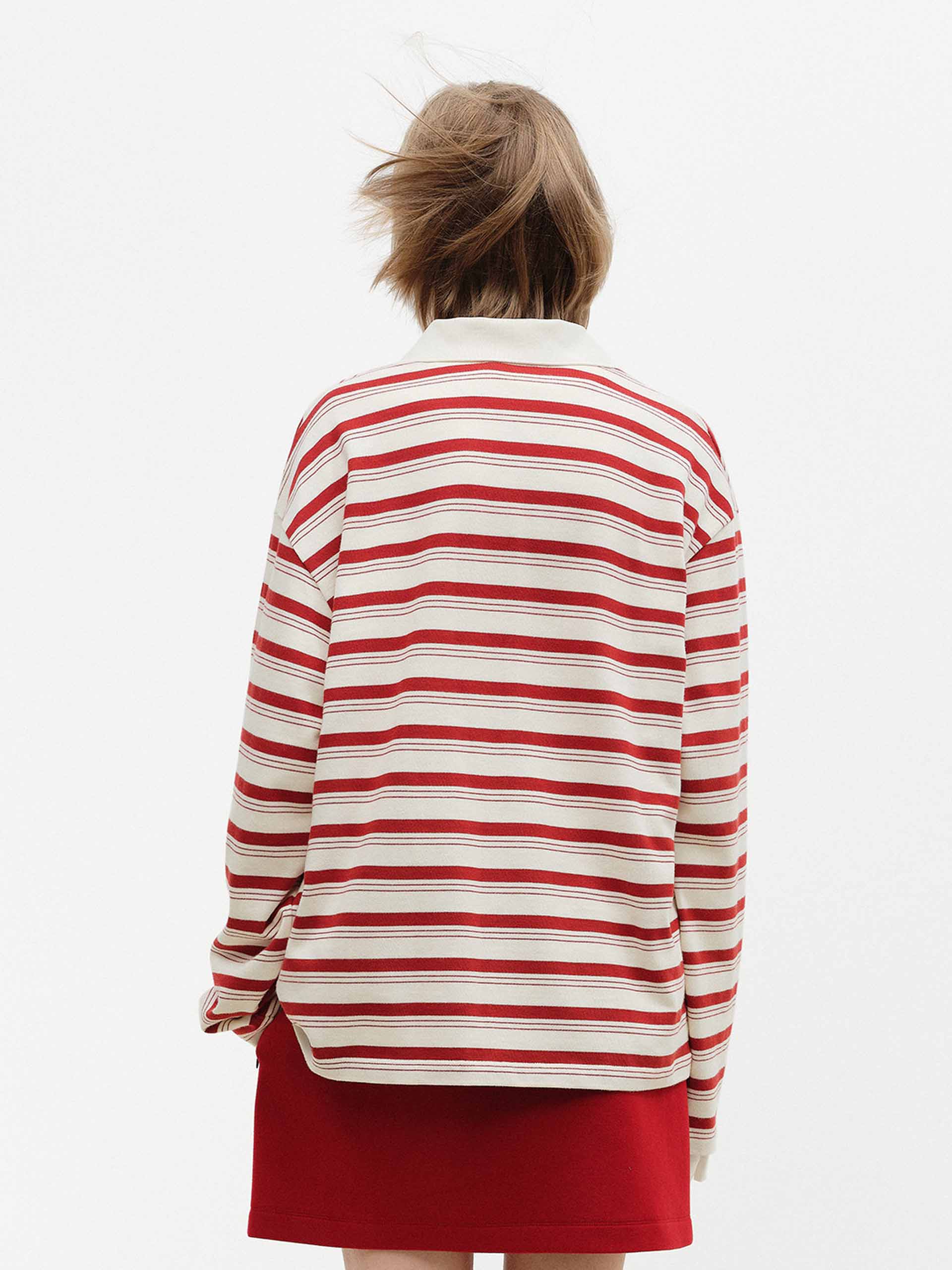 MO&Co. Women's Polo Collar Striped Long Sleeve Top
