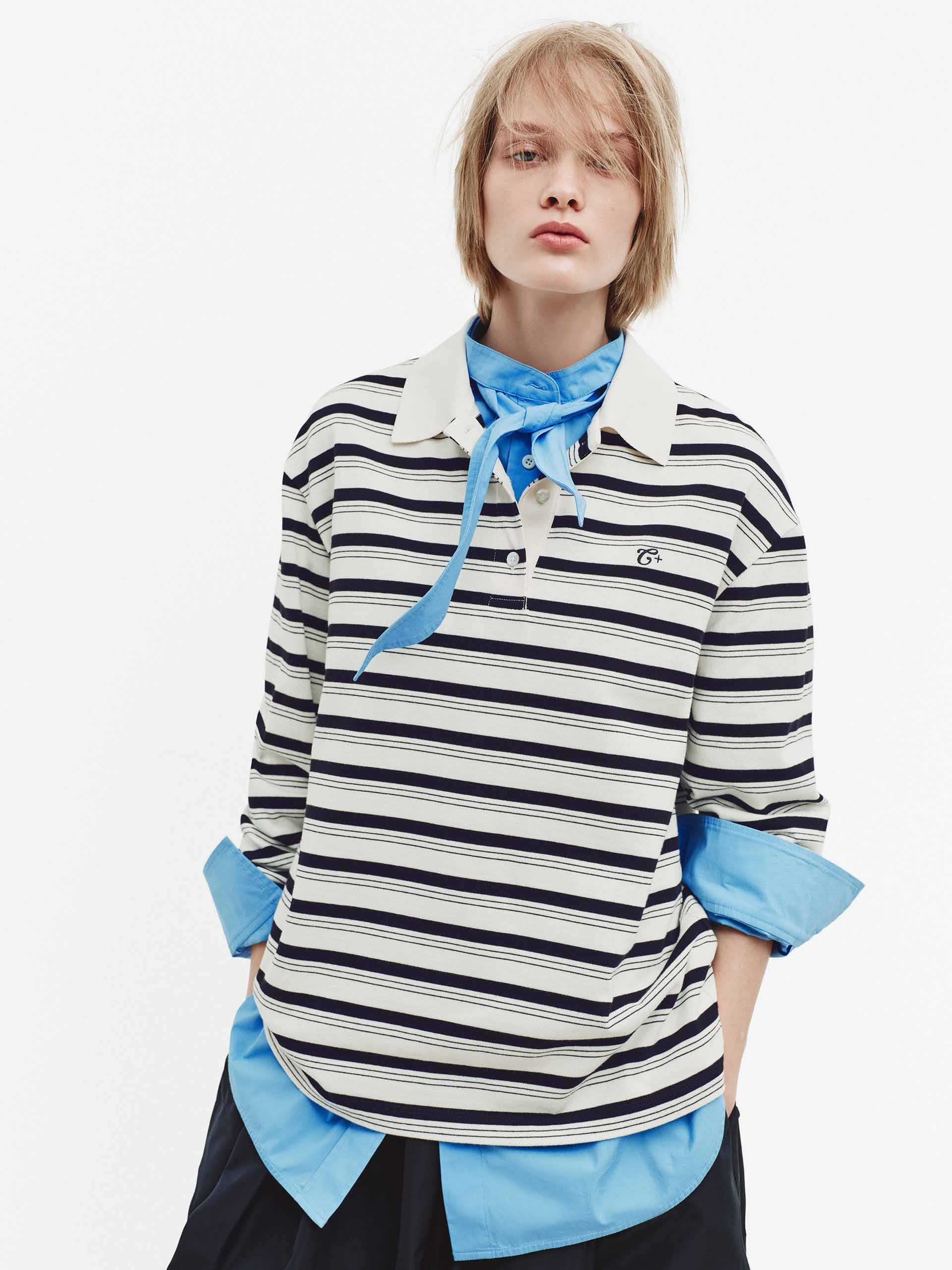 MO&Co. Women's Polo Collar Striped Long Sleeve Top