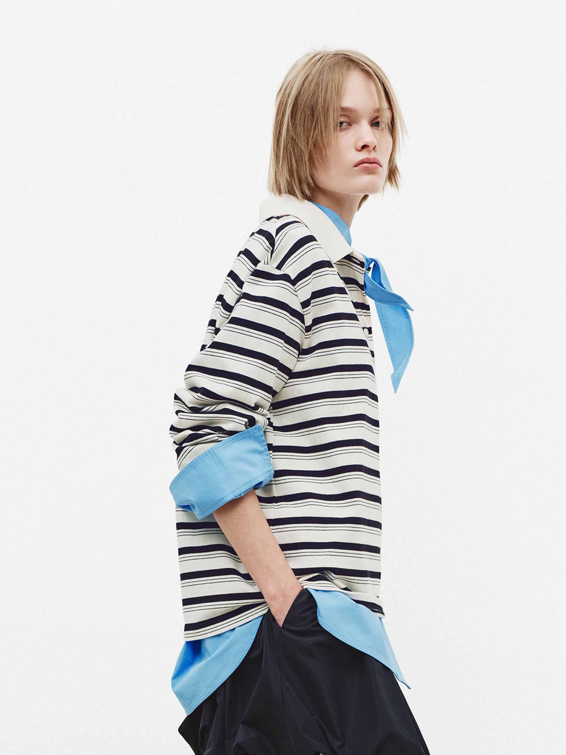 MO&Co. Women's Polo Collar Striped Long Sleeve Top