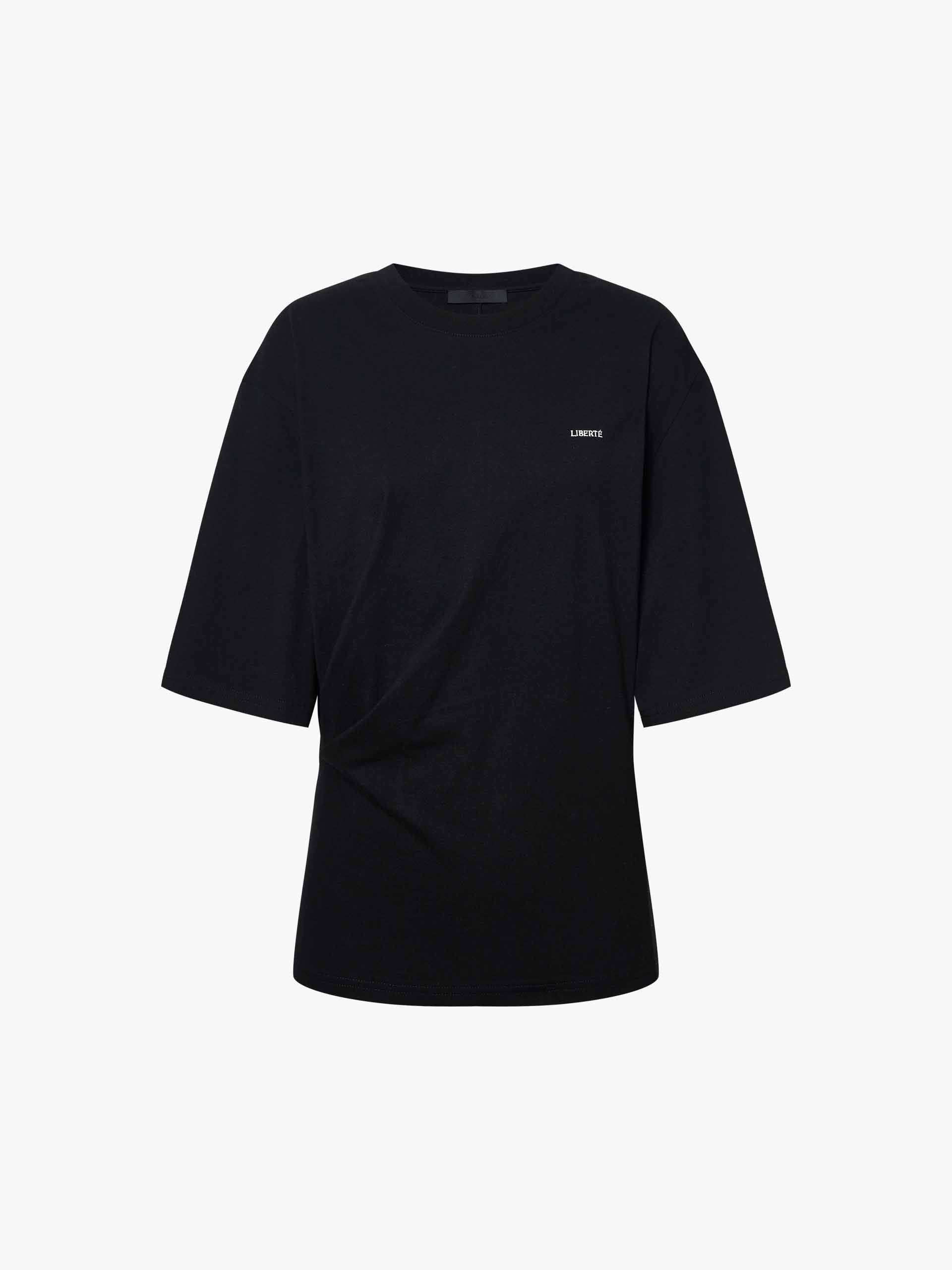 MO&Co. Fitted Cotton Blend Tee with Side Waist Pleat in Black