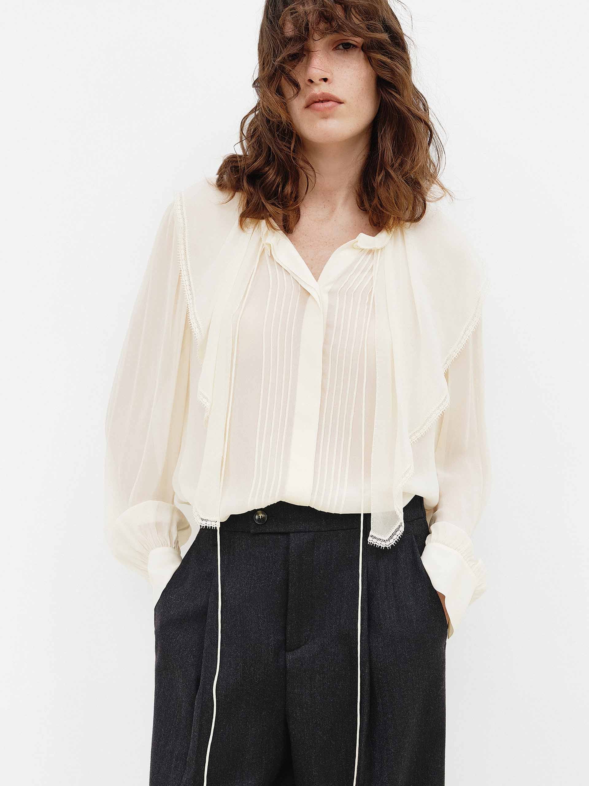 MO&Co. Women's Ruffled Detail Tie Blouse