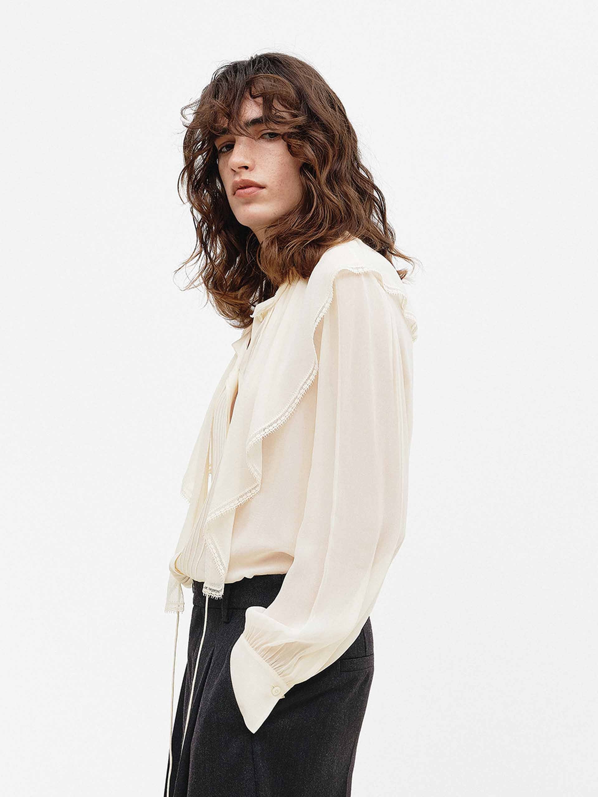 MO&Co. Women's Ruffled Detail Tie Blouse