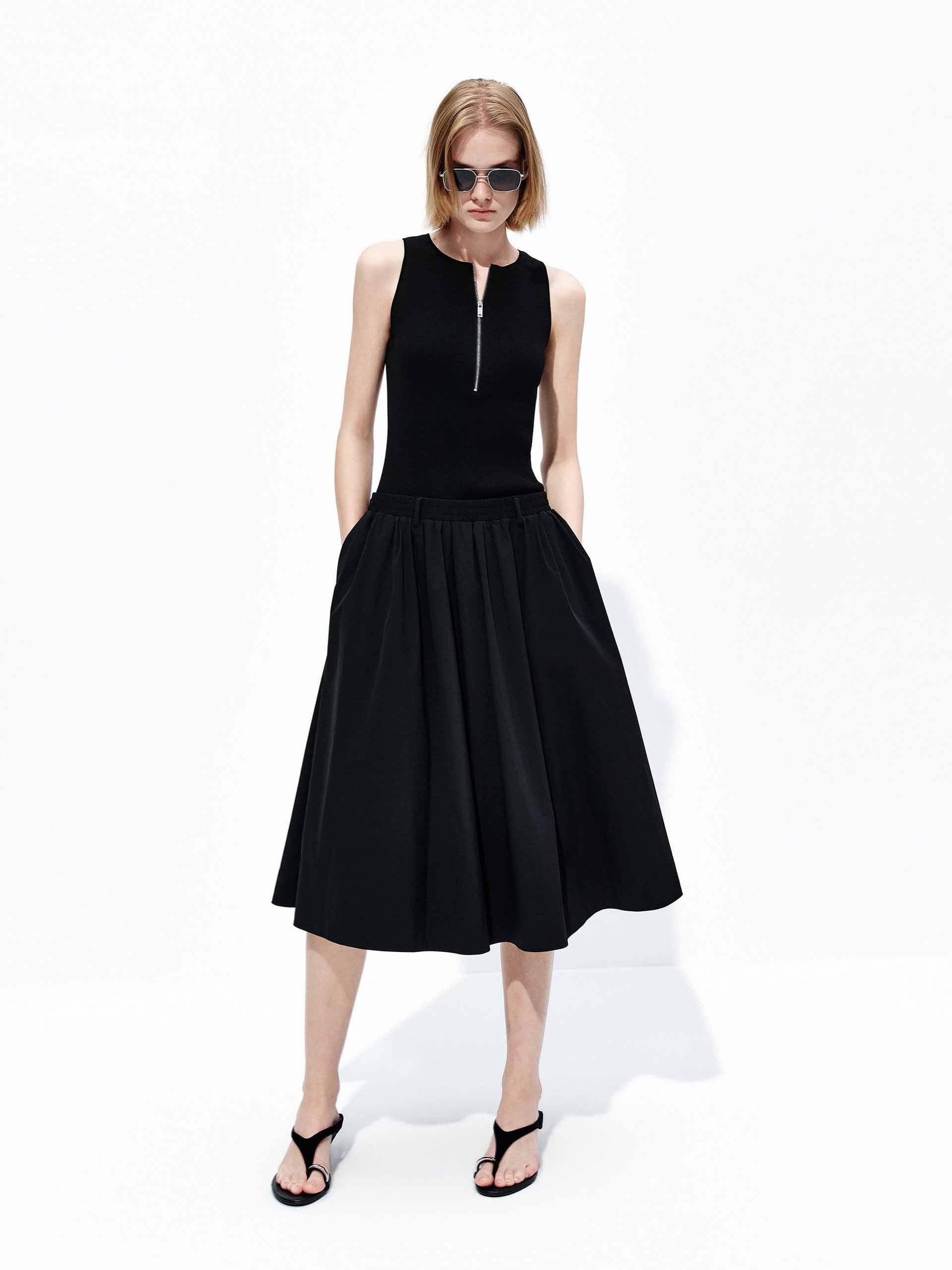 MO&Co. Women's Paneled Cotton Dress | Sleeveless Zip Tank in Black