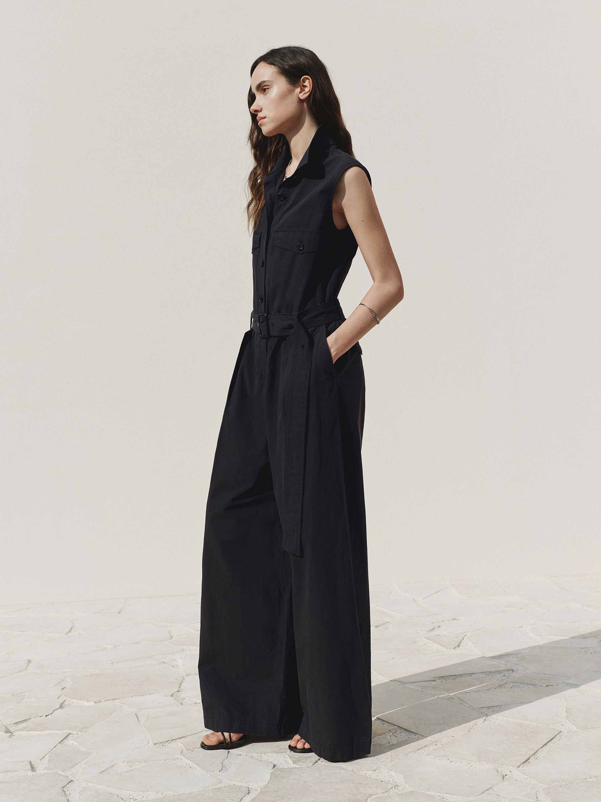 MO&Co. Women's Belted Sleeveless Cotton Jumpsuit Black Size S