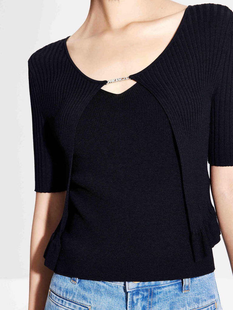 MO&Co. Women's Wavy Hem Logo-charm Knitted Cardigan Set in Black
