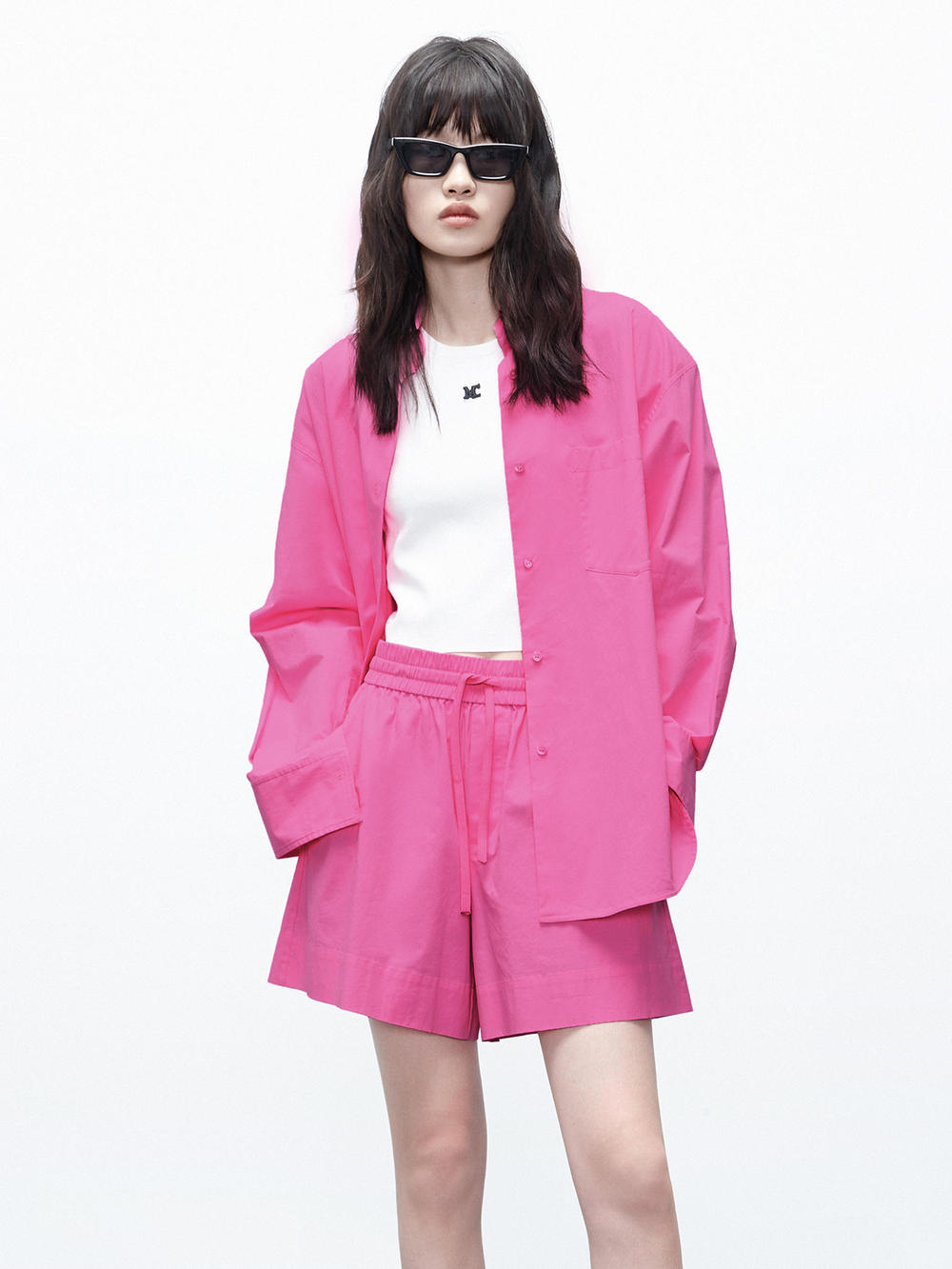 MO&Co. Women's Oversized Long Sleeves Classic Shirt with Shoulder Pads in Pink