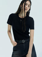 MO&Co. X Coperni Collection | Women's Round Neck Black Knitted T-shirt with Metallic Logo