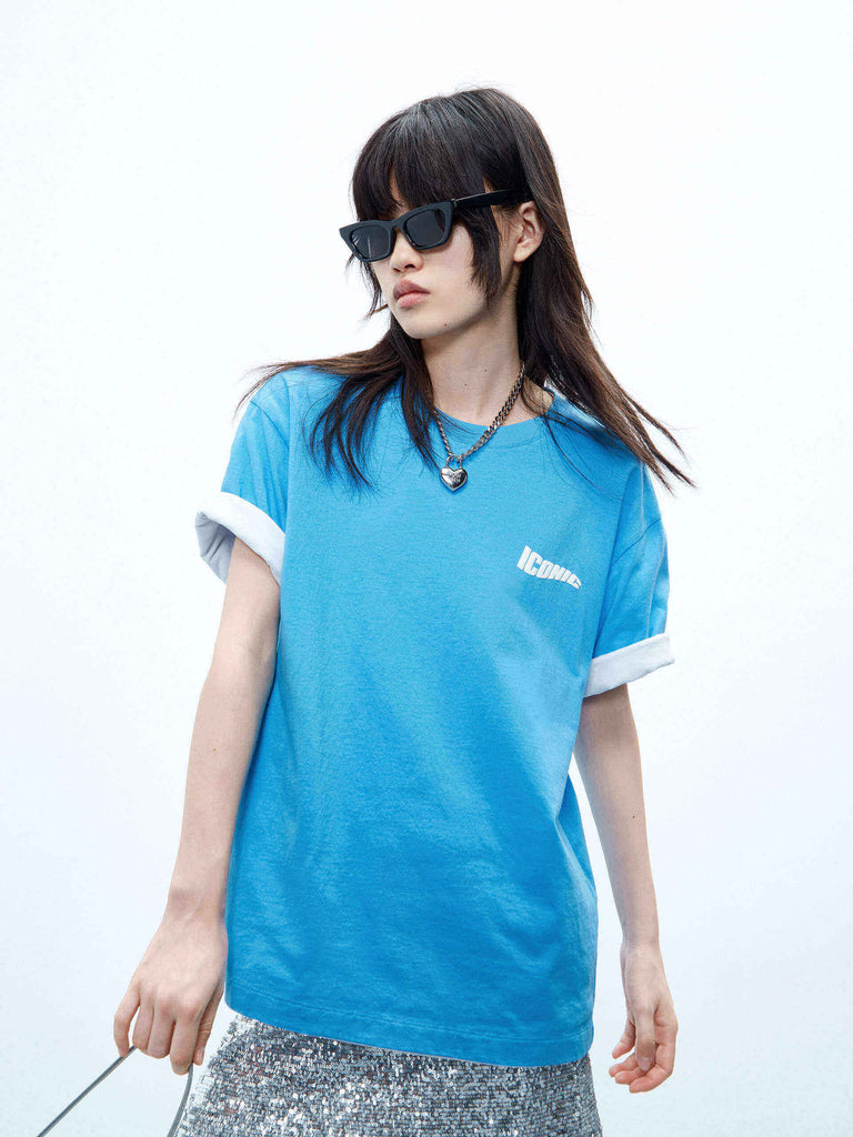 MO&Co. Women's Drop Shoulder Cotton Short Sleeves T-shirt in Blue