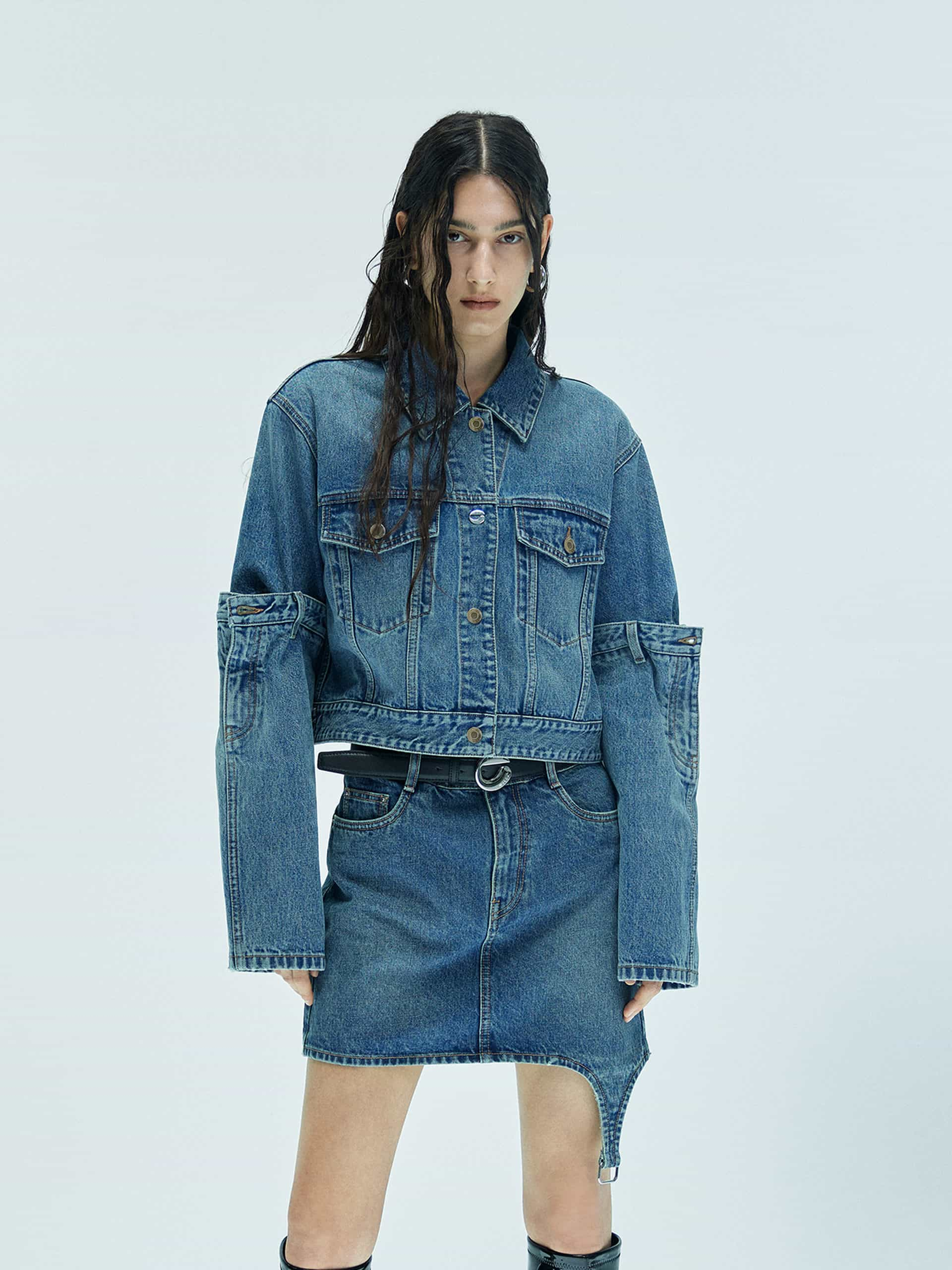 MO&Co. X Coperni Collection | Women's Paneled Open Elbow Blue Denim Jacket